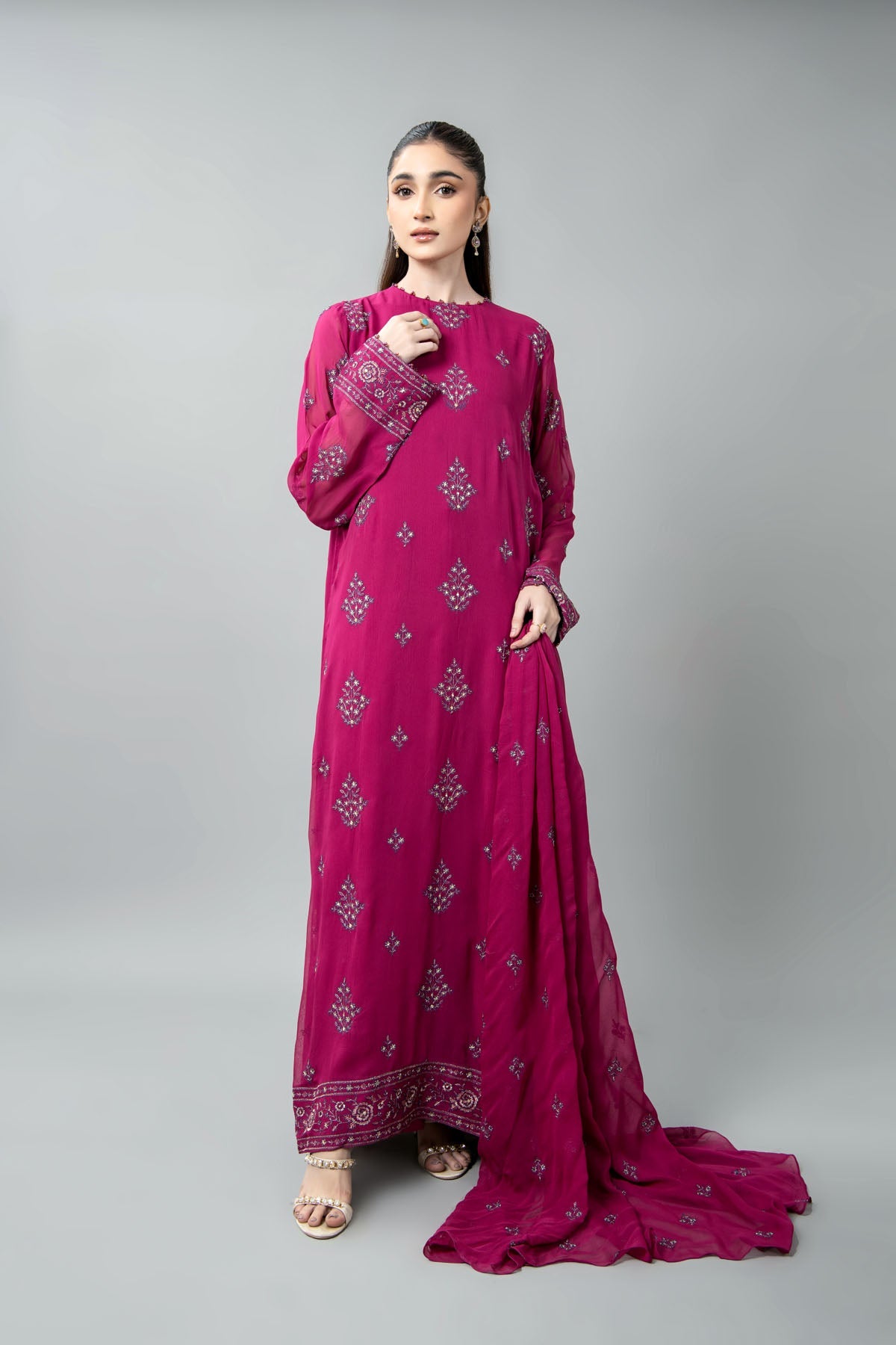 Embroidered & Embellished Pink Chiffon 3-Piece Unstitched Suit by The Fabric Store
