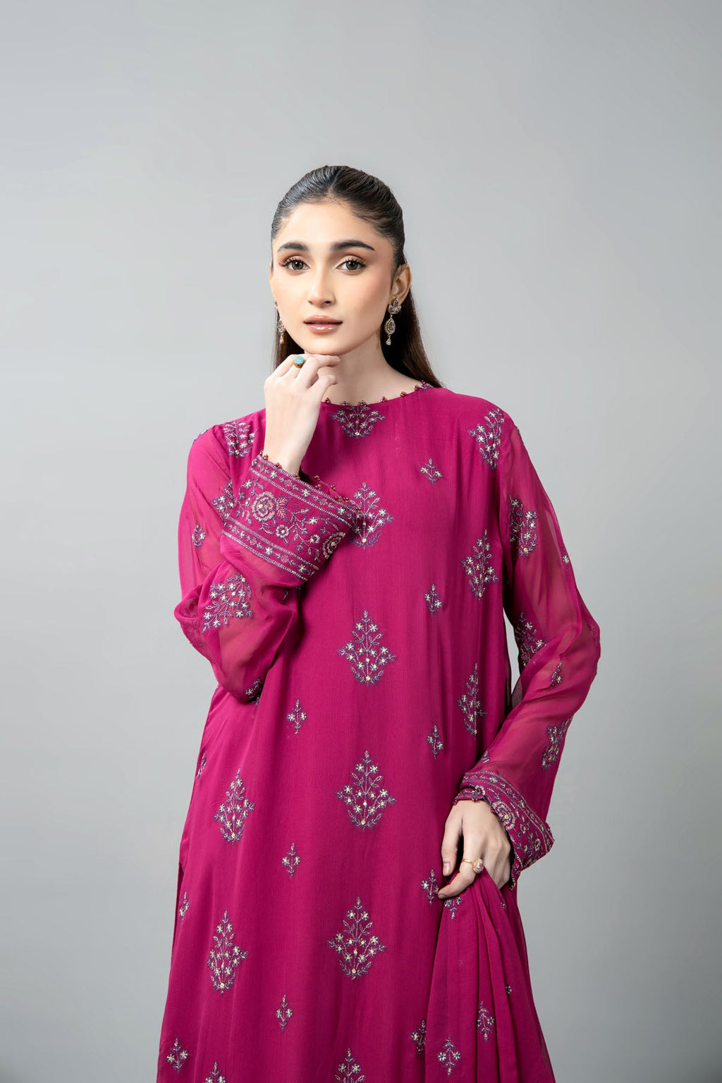 Embroidered & Embellished Pink Chiffon 3-Piece Unstitched Suit by The Fabric Store, photo 4