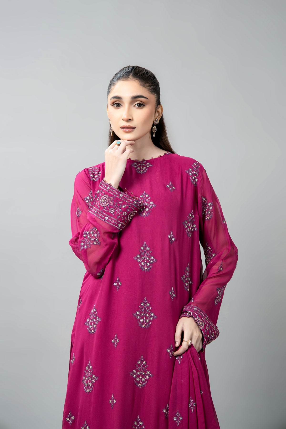 Embroidered & Embellished Pink Chiffon 3-Piece Unstitched Suit by The Fabric Store, photo 4