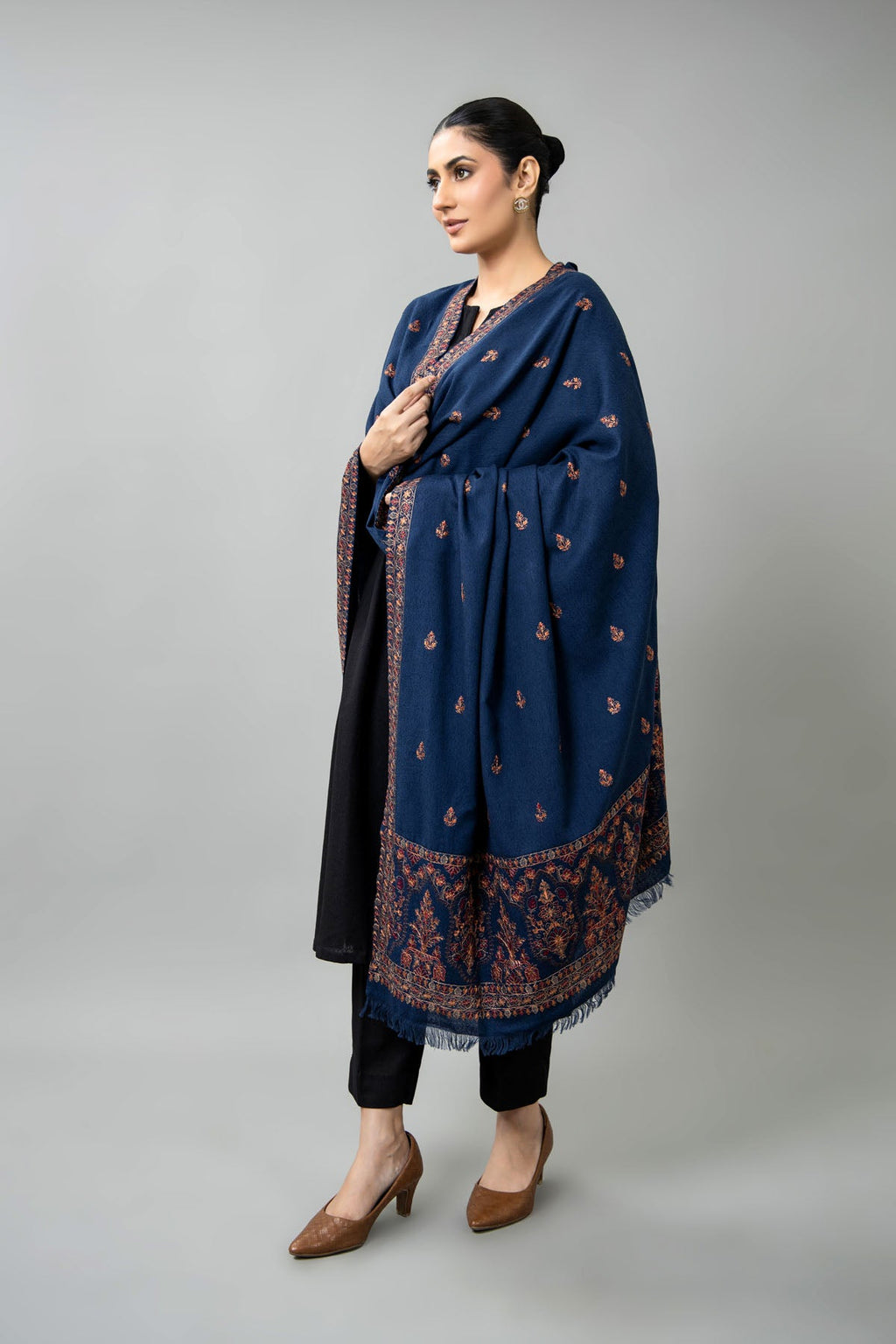 Embroidered Navy Blue Karandi Lawn Shawl by The Fabric Store