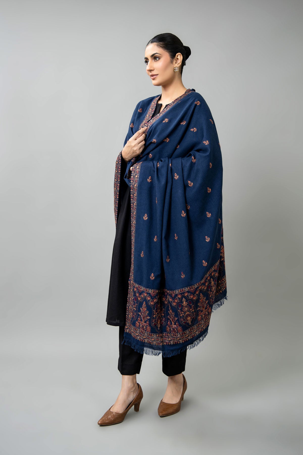 Embroidered Navy Blue Karandi Lawn Shawl by The Fabric Store
