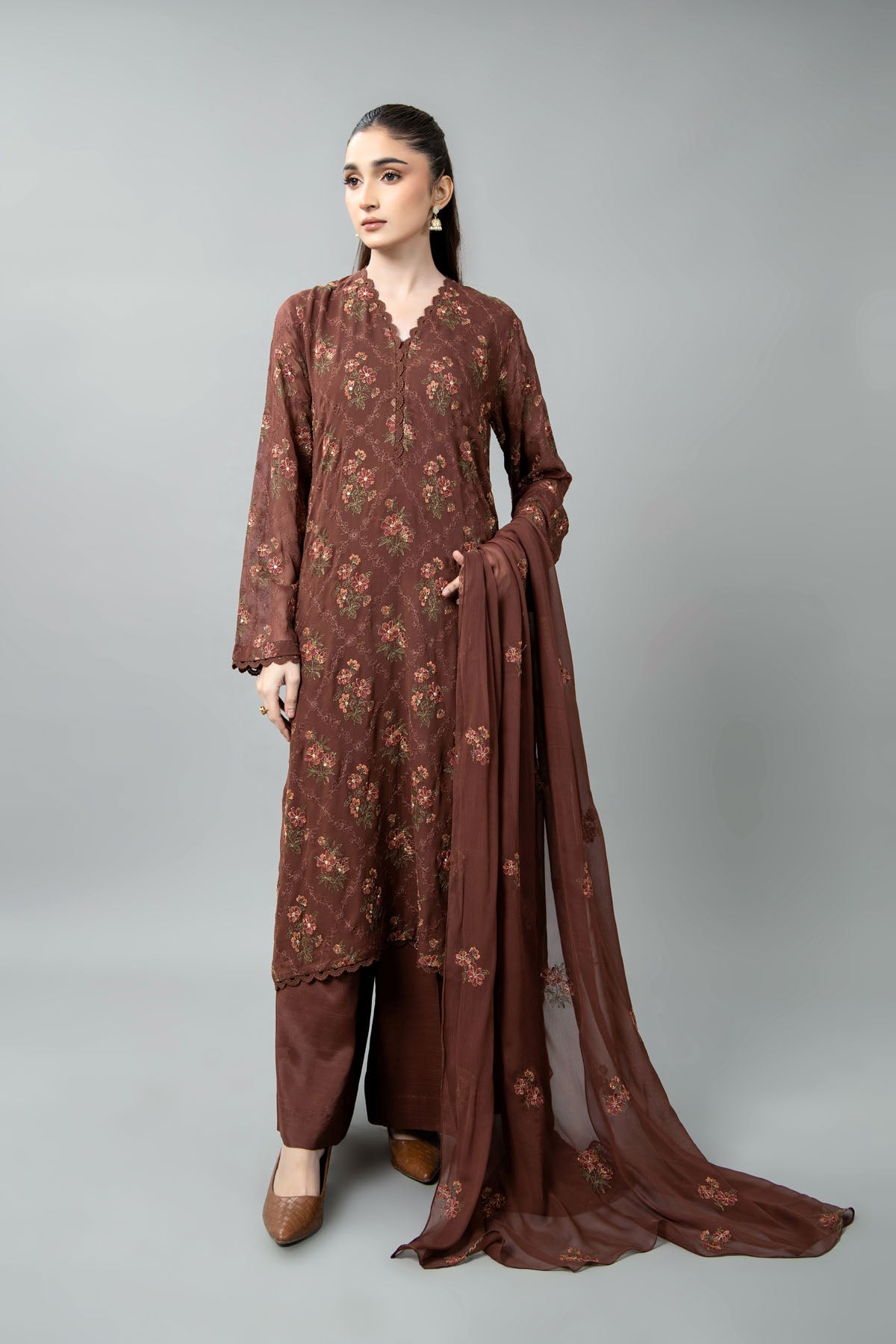 Embroidered & Embellished Brown Chiffon 3-Piece Unstitched Suit by The Fabric Store