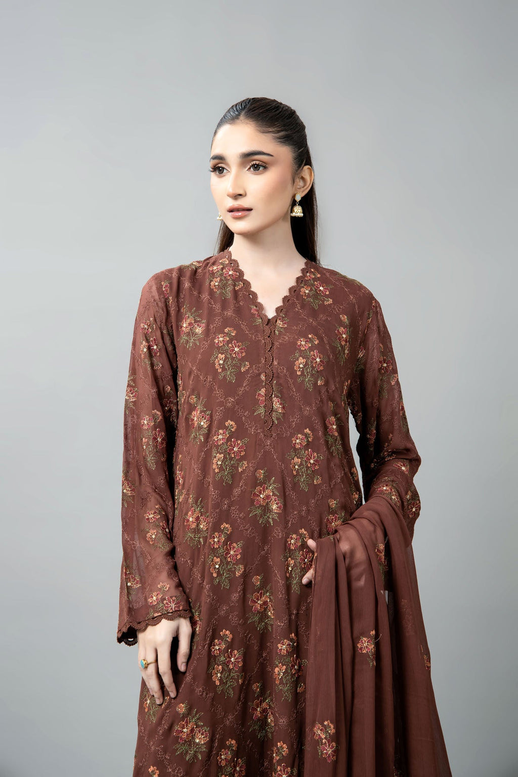 Embroidered & Embellished Brown Chiffon 3-Piece Unstitched Suit by The Fabric Store, photo 4