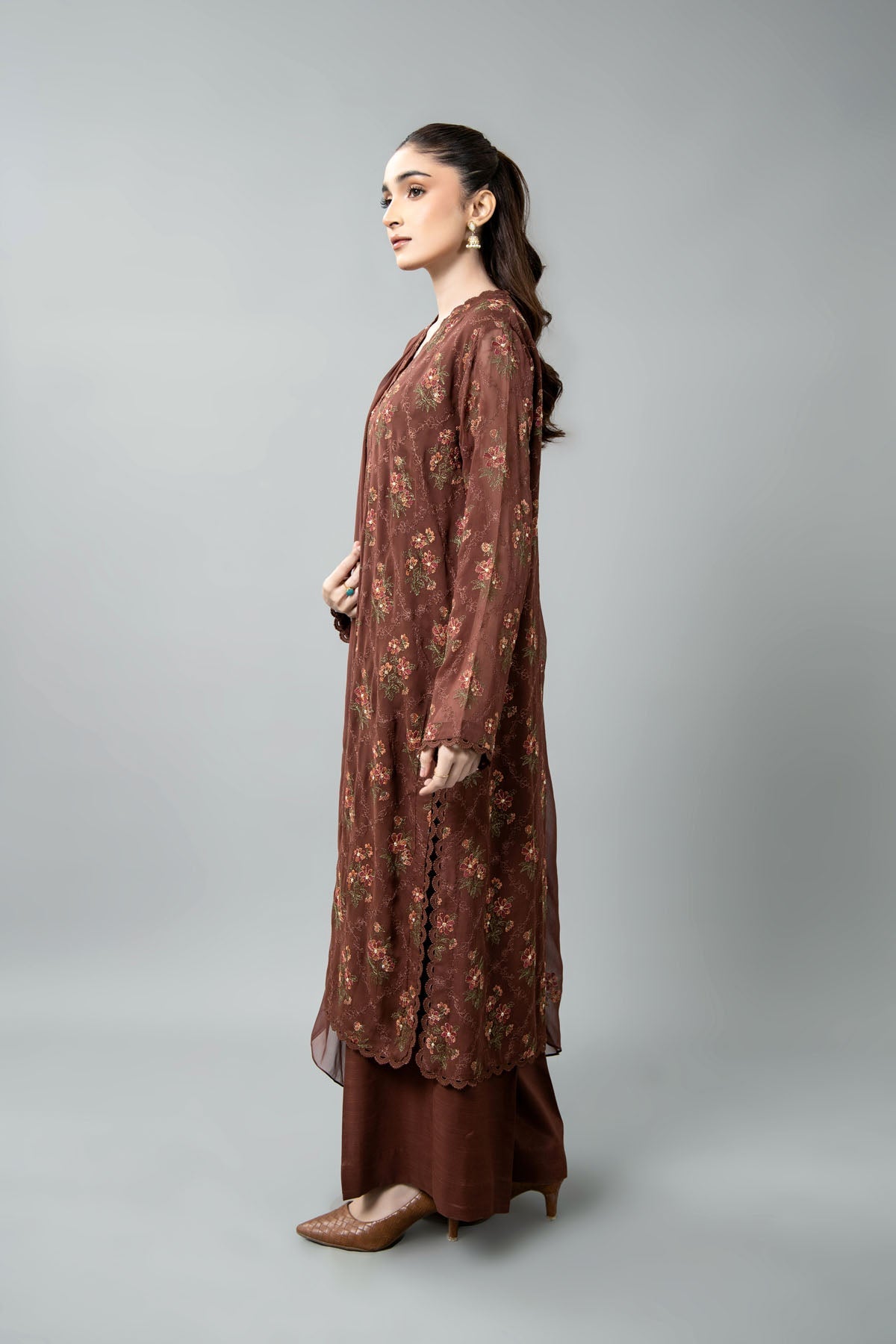 Embroidered & Embellished Brown Chiffon 3-Piece Unstitched Suit by The Fabric Store, photo 3