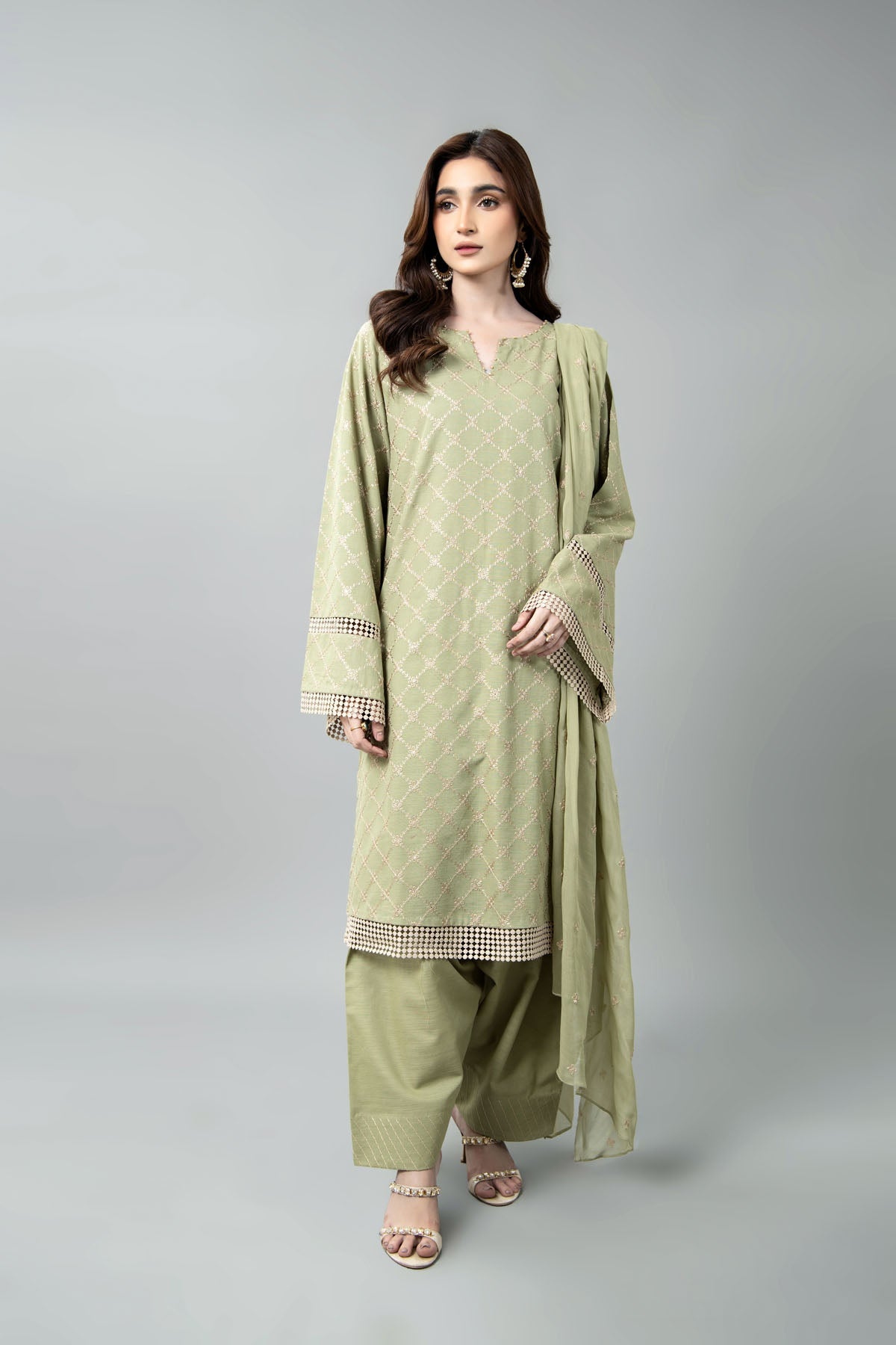 Embroidered & Embellished Sea Green Slub Khaddar 3-Piece Unstitched Suit by The Fabric Store