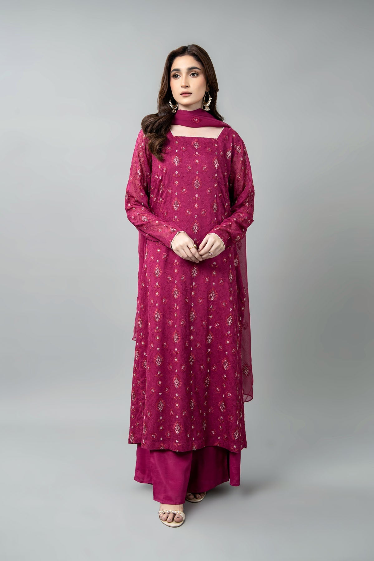 Embroidered & Embellished Pink Chiffon 3-Piece Unstitched Suit by The Fabric Store