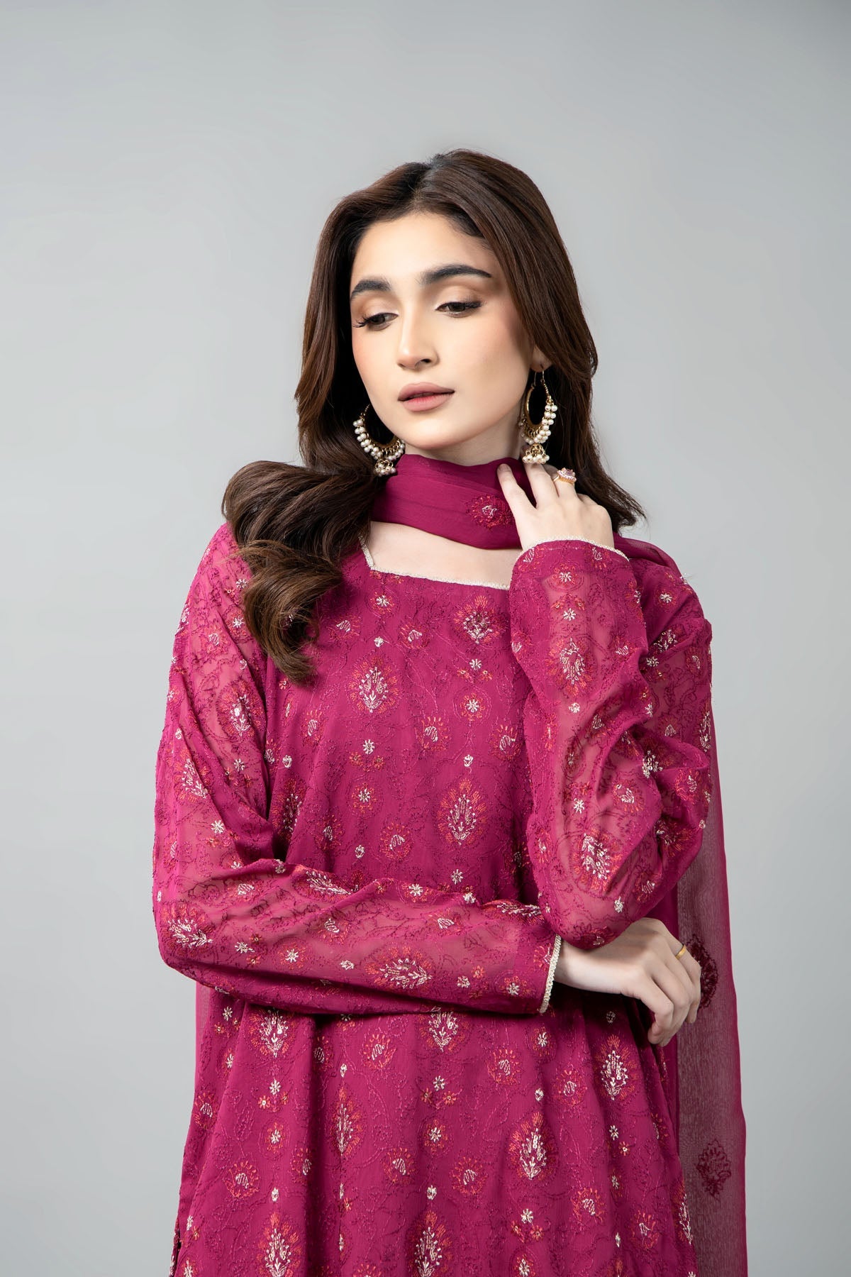 Embroidered & Embellished Pink Chiffon 3-Piece Unstitched Suit by The Fabric Store, photo 4
