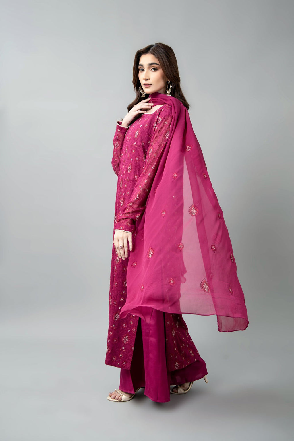 Embroidered & Embellished Pink Chiffon 3-Piece Unstitched Suit by The Fabric Store, photo 3
