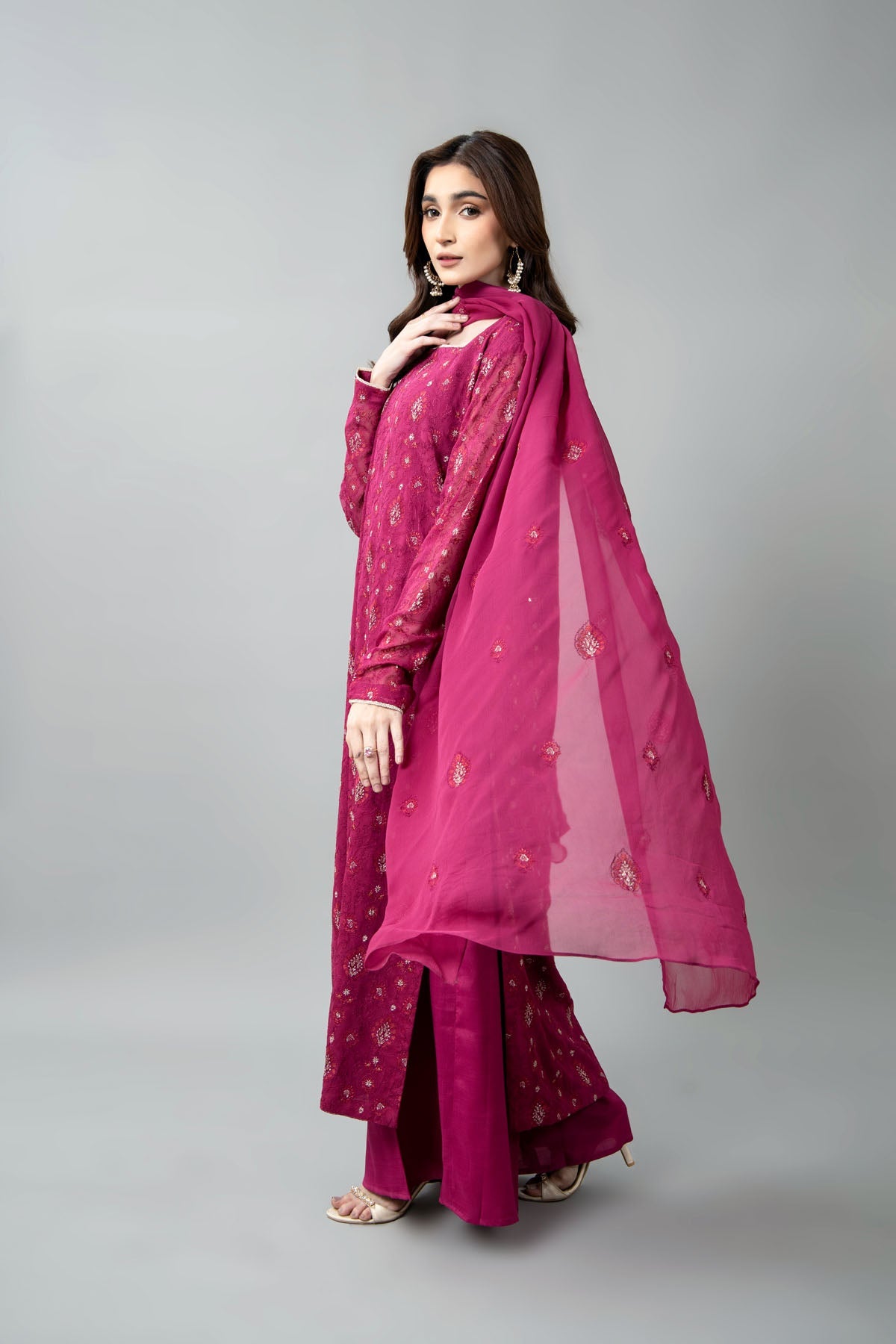 Embroidered & Embellished Pink Chiffon 3-Piece Unstitched Suit by The Fabric Store, photo 3