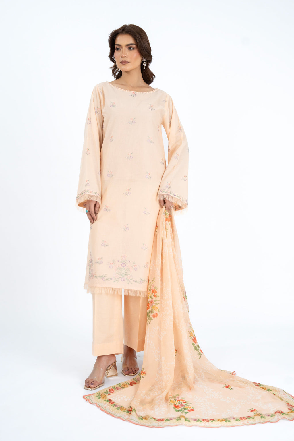 Printed & Embroidered Peach Lawn 3-Piece Unstitched Suit by The Fabric Store