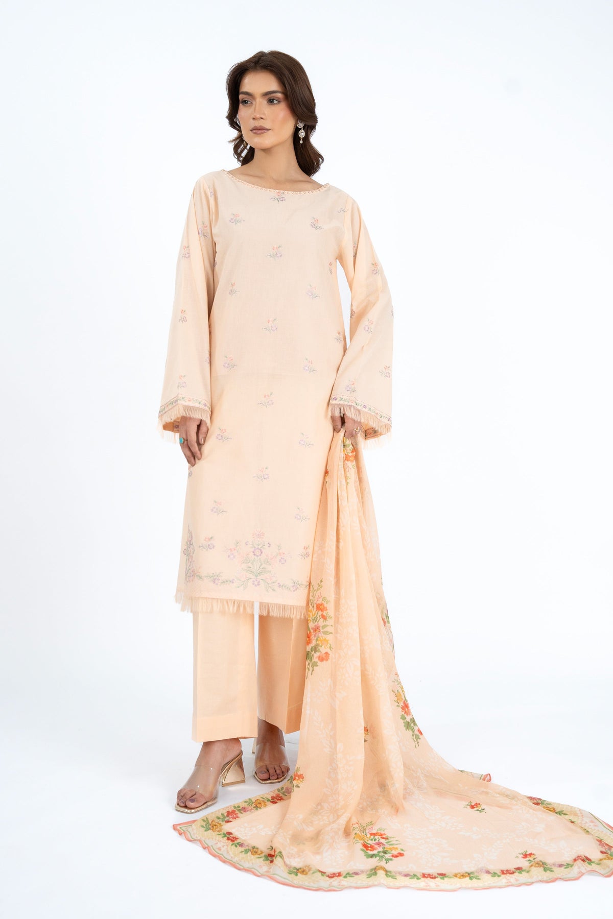 Printed & Embroidered Peach Lawn 3-Piece Unstitched Suit by The Fabric Store