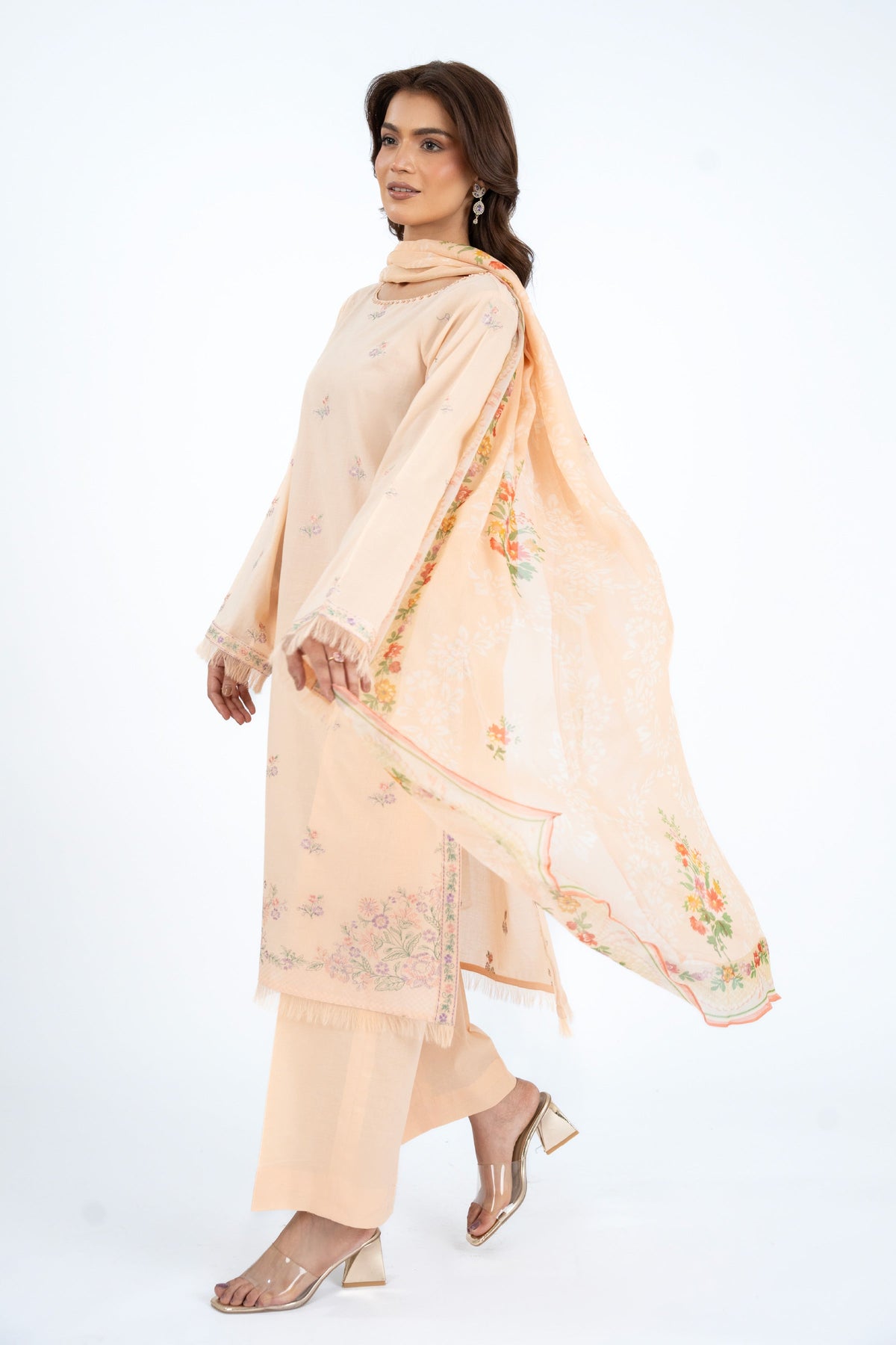 Printed & Embroidered Peach Lawn 3-Piece Unstitched Suit by The Fabric Store, photo 3