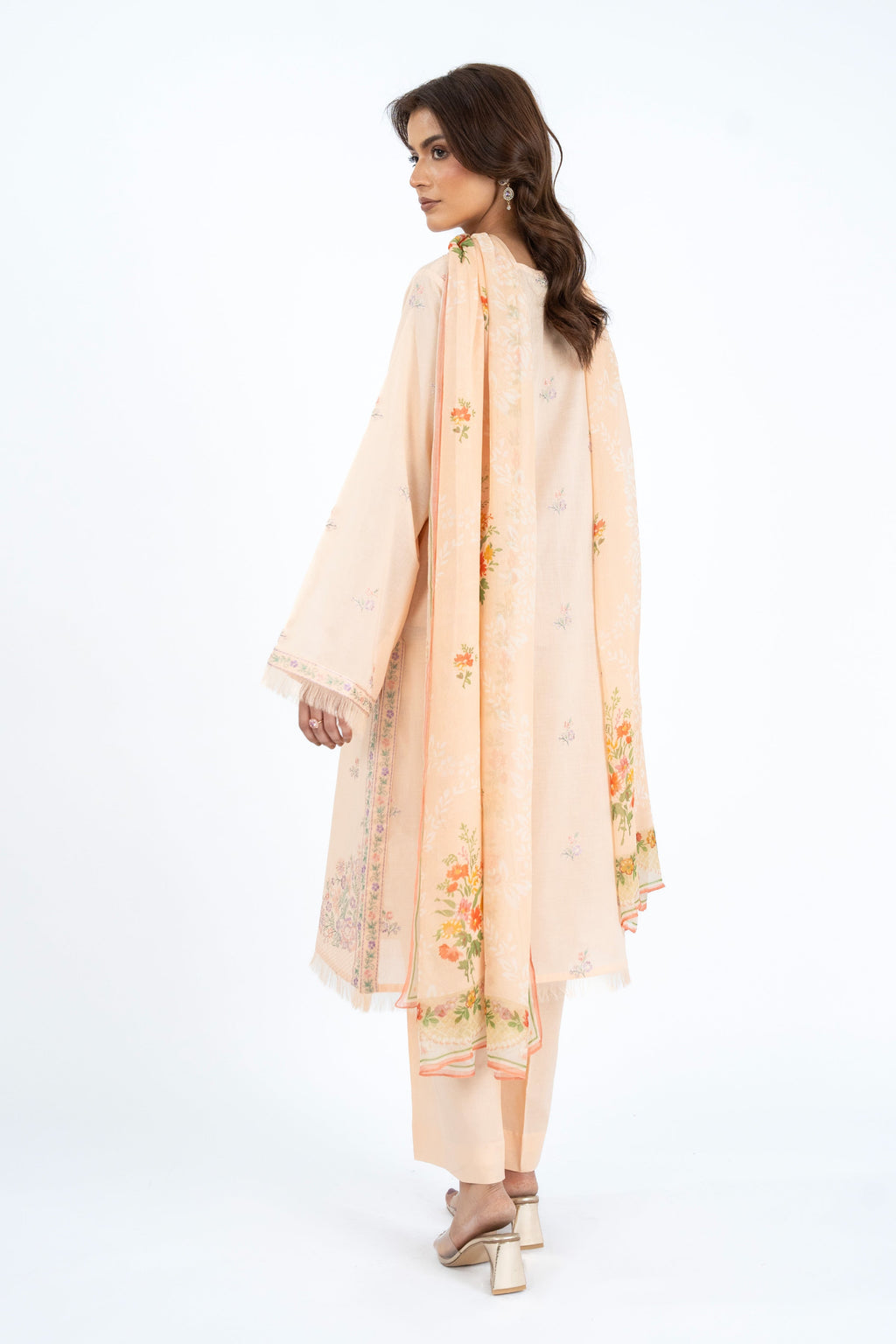 Printed & Embroidered Peach Lawn 3-Piece Unstitched Suit by The Fabric Store, photo 2