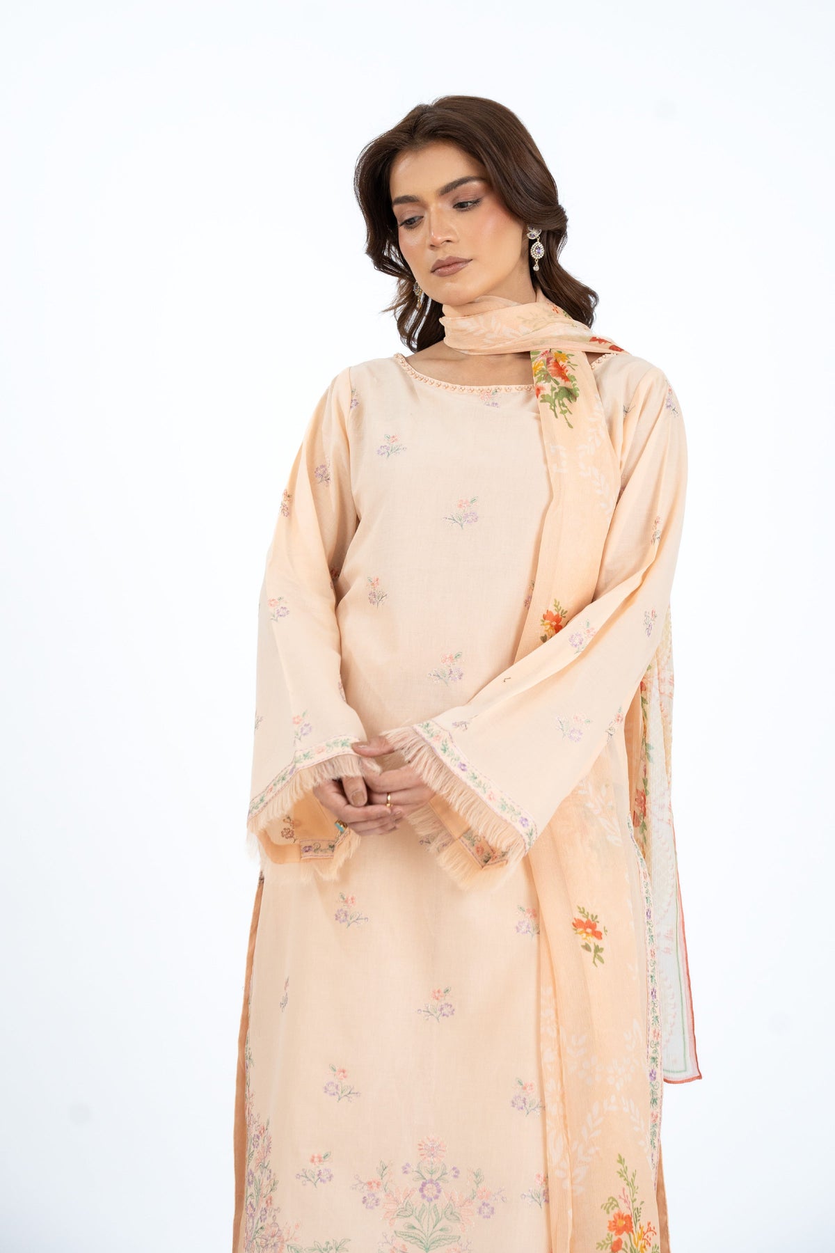 Printed & Embroidered Peach Lawn 3-Piece Unstitched Suit by The Fabric Store, photo 4