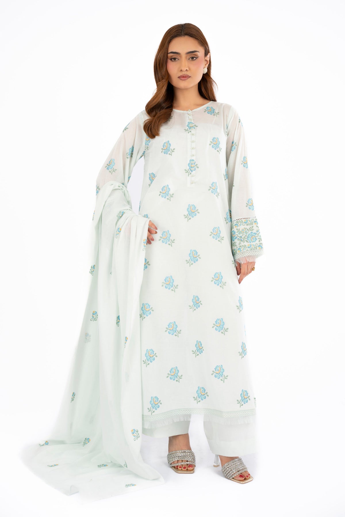 Embroidered Ice Blue Lawn 3-Piece Unstitched Suit by The Fabric Store