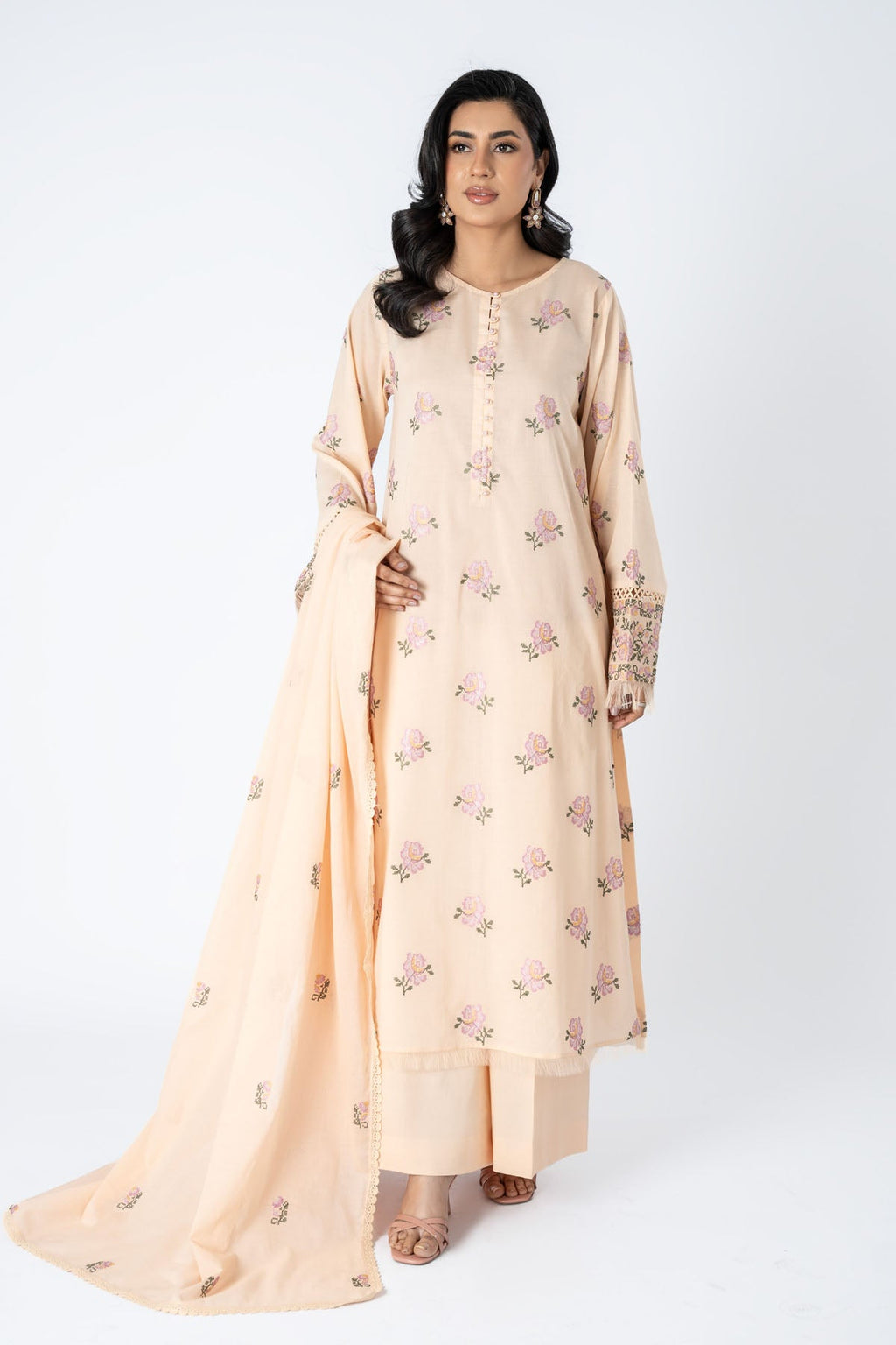 Embroidered Peach Lawn 3-Piece Unstitched Suit by The Fabric Store