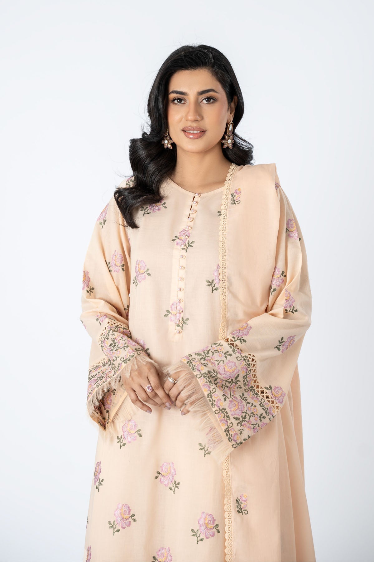 Embroidered Peach Lawn 3-Piece Unstitched Suit by The Fabric Store, photo 3