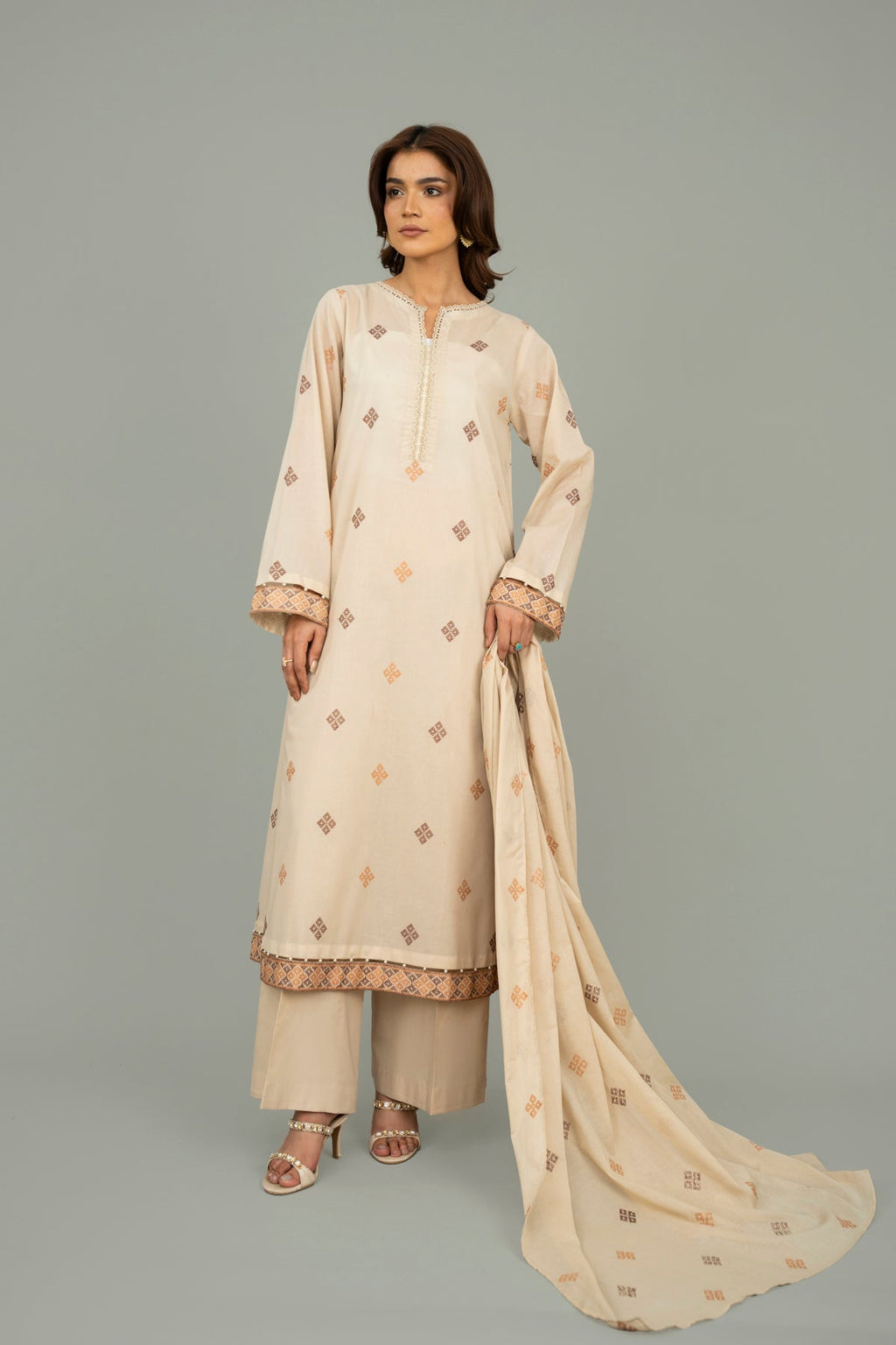 Embroidered Beige Lawn 3-Piece Unstitched Suit by The Fabric Store