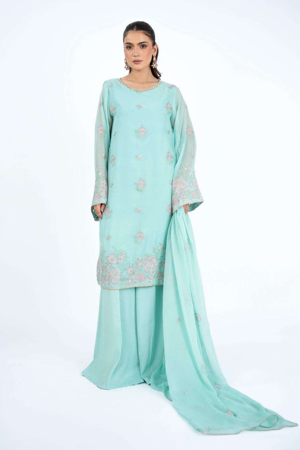 Embroidered & Embellished Ice Blue Chiffon 3-Piece Unstitched Suit by The Fabric Store