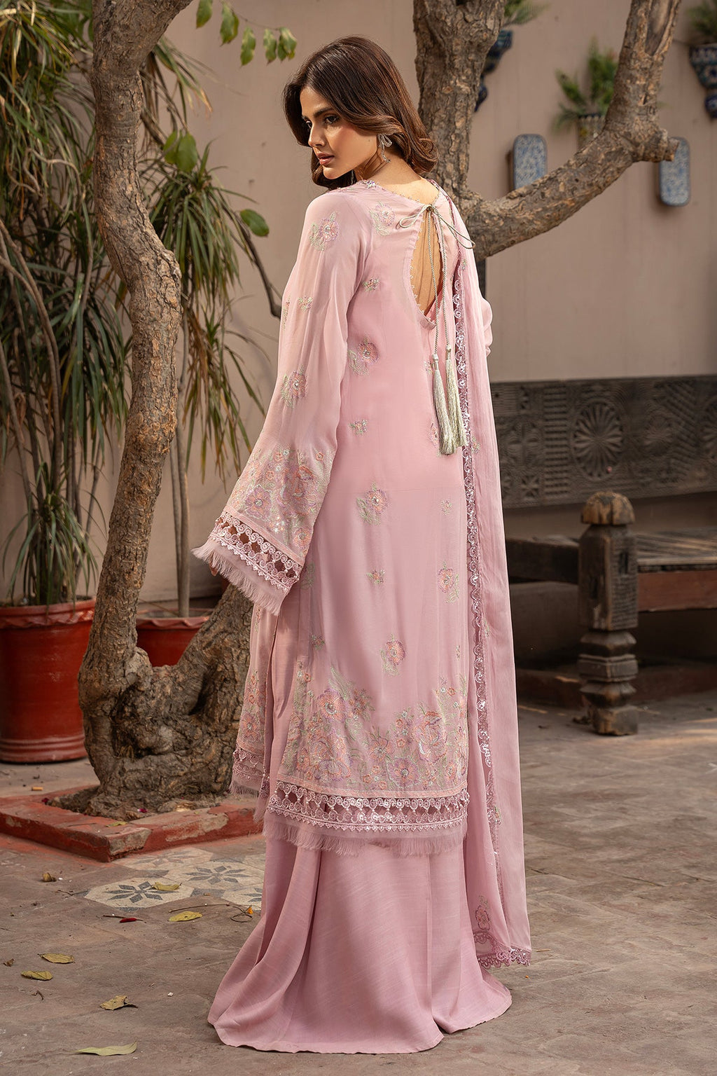 Embroidered & Embellished Pink Chiffon 3-Piece Unstitched Suit by The Fabric Store, photo 5