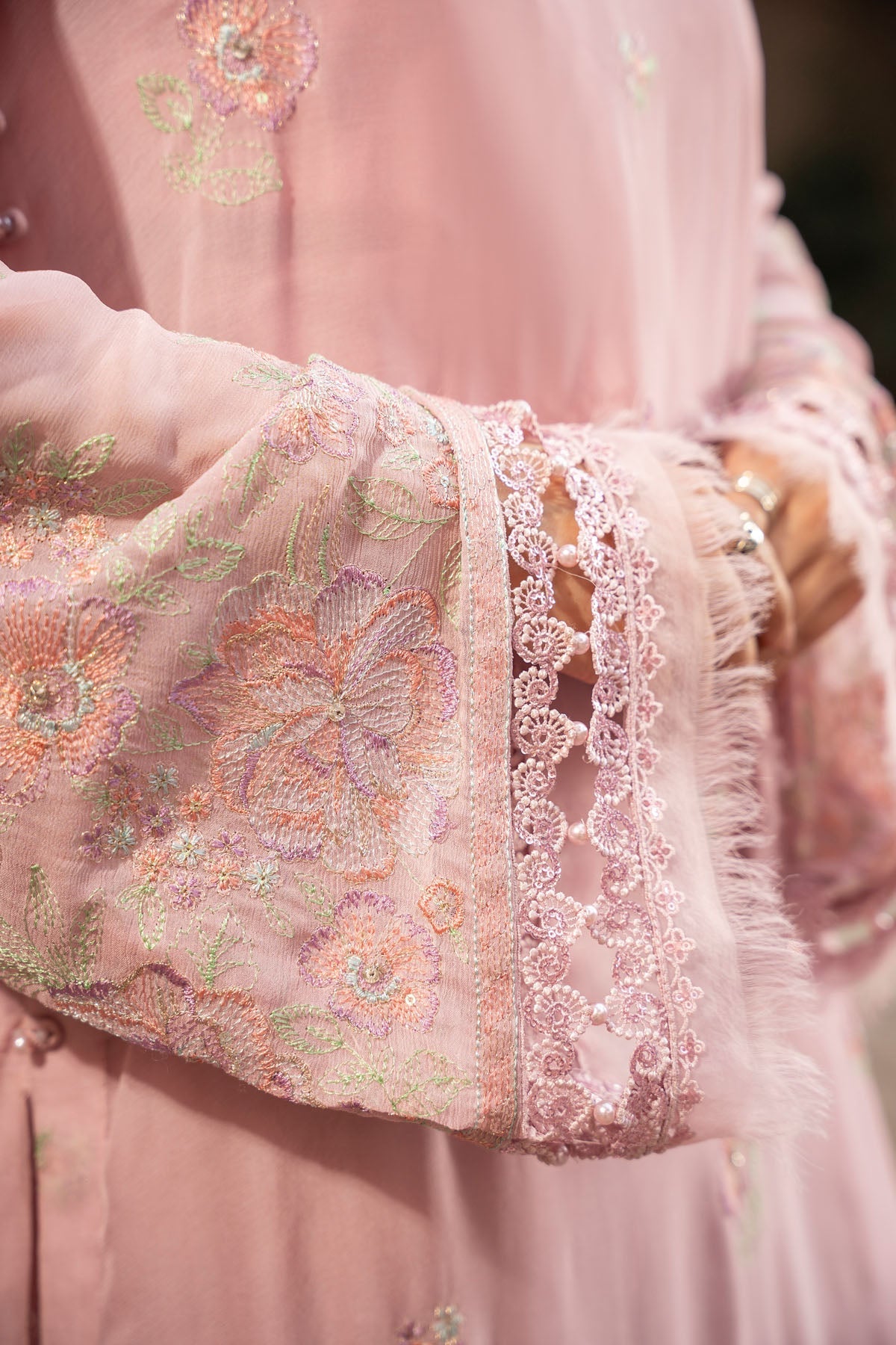 Embroidered & Embellished Pink Chiffon 3-Piece Unstitched Suit by The Fabric Store, photo 2