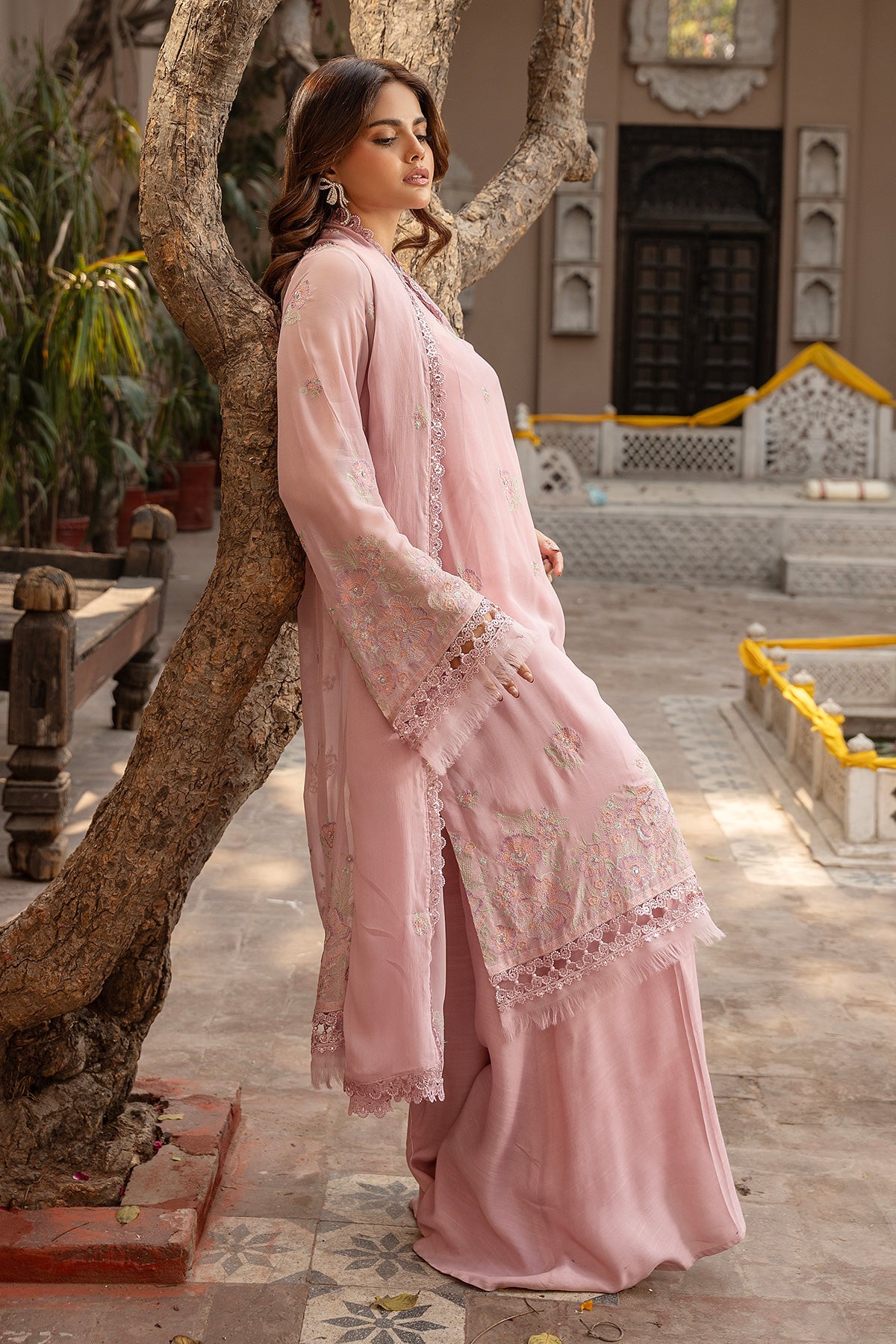 Embroidered & Embellished Pink Chiffon 3-Piece Unstitched Suit by The Fabric Store, photo 6