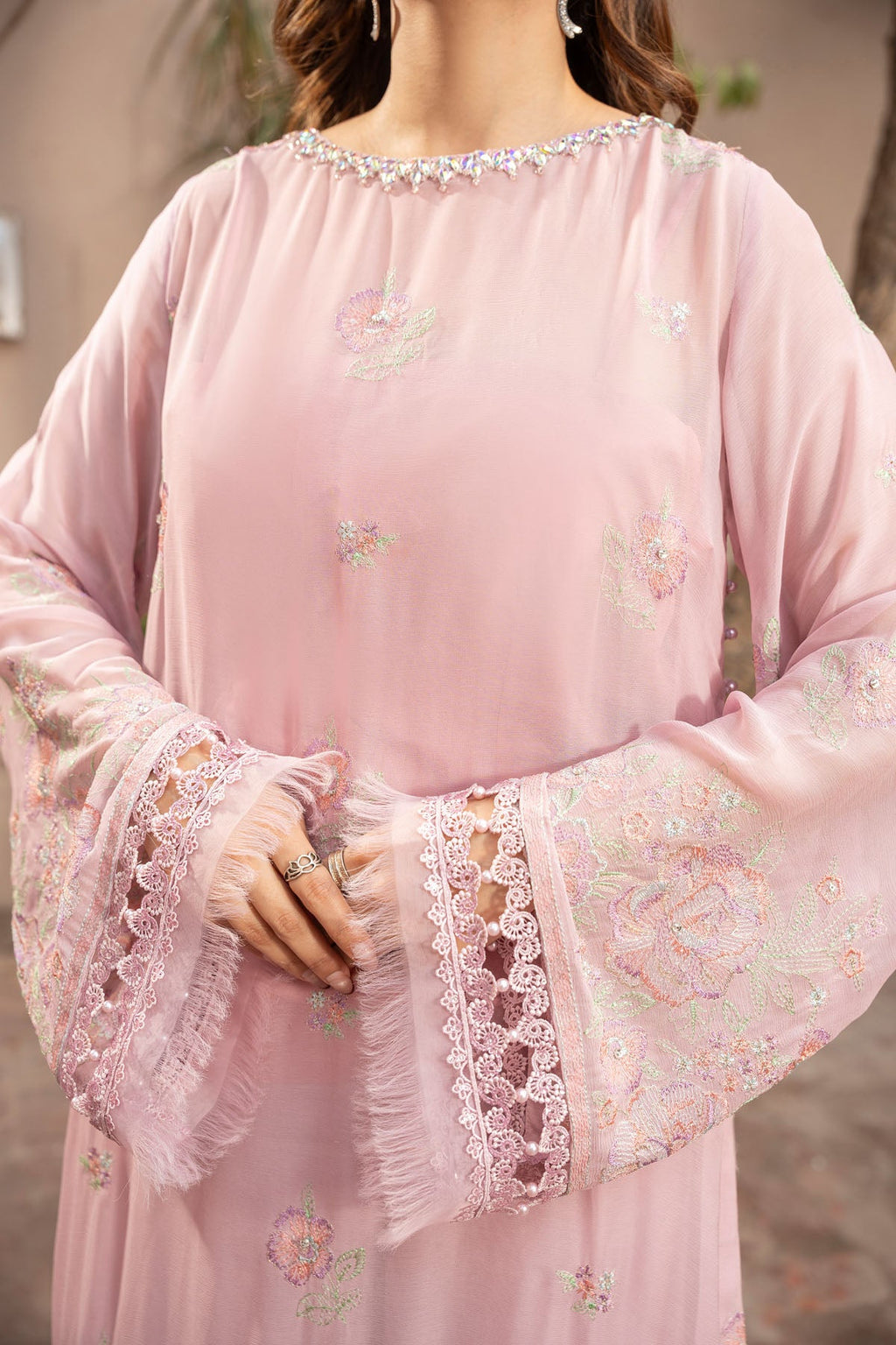 Embroidered & Embellished Pink Chiffon 3-Piece Unstitched Suit by The Fabric Store, photo 3