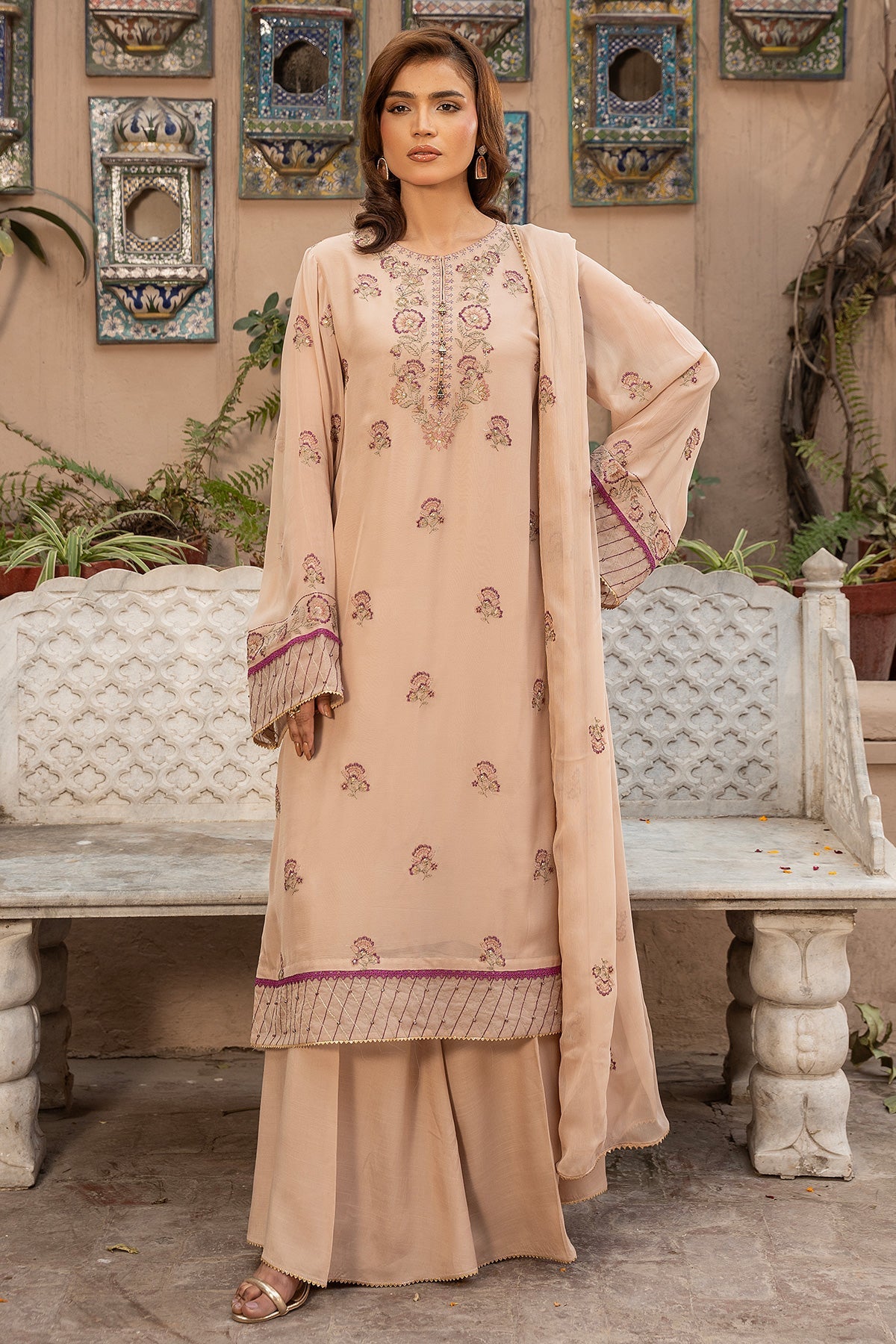Embroidered & Embellished Beige Chiffon 3-Piece Unstitched Suit by The Fabric Store