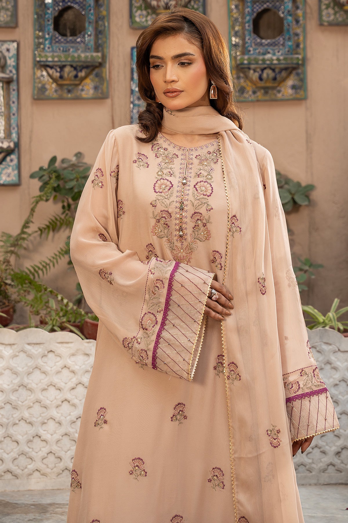 Embroidered & Embellished Beige Chiffon 3-Piece Unstitched Suit by The Fabric Store, photo 3