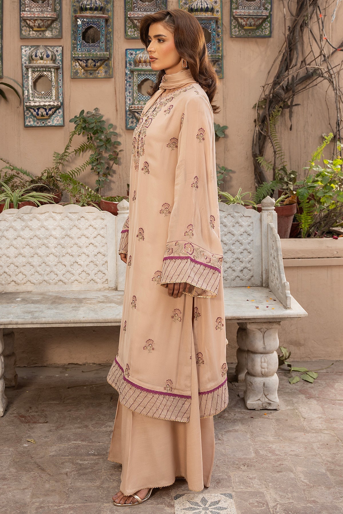 Embroidered & Embellished Beige Chiffon 3-Piece Unstitched Suit by The Fabric Store, photo 4