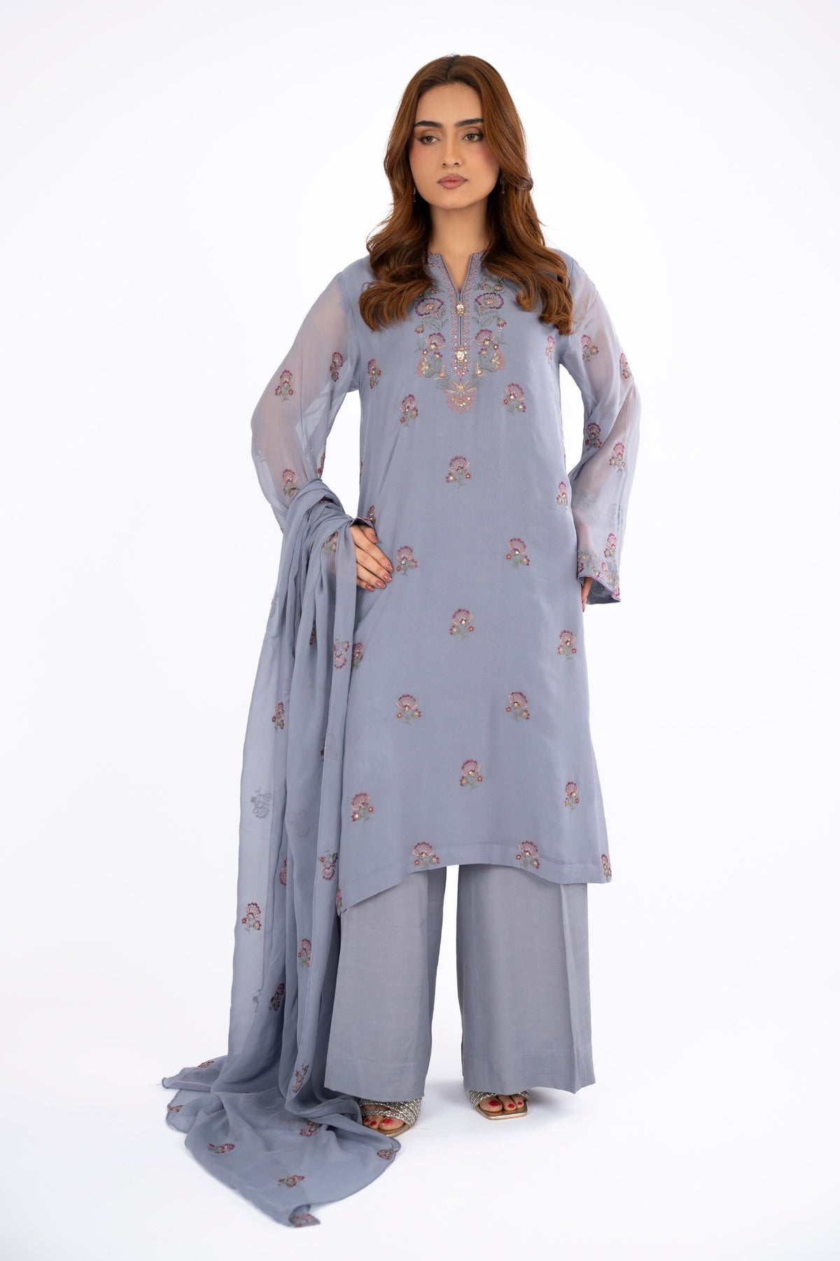 Embroidered & Embellished Grey Chiffon 3-Piece Unstitched Suit by The Fabric Store