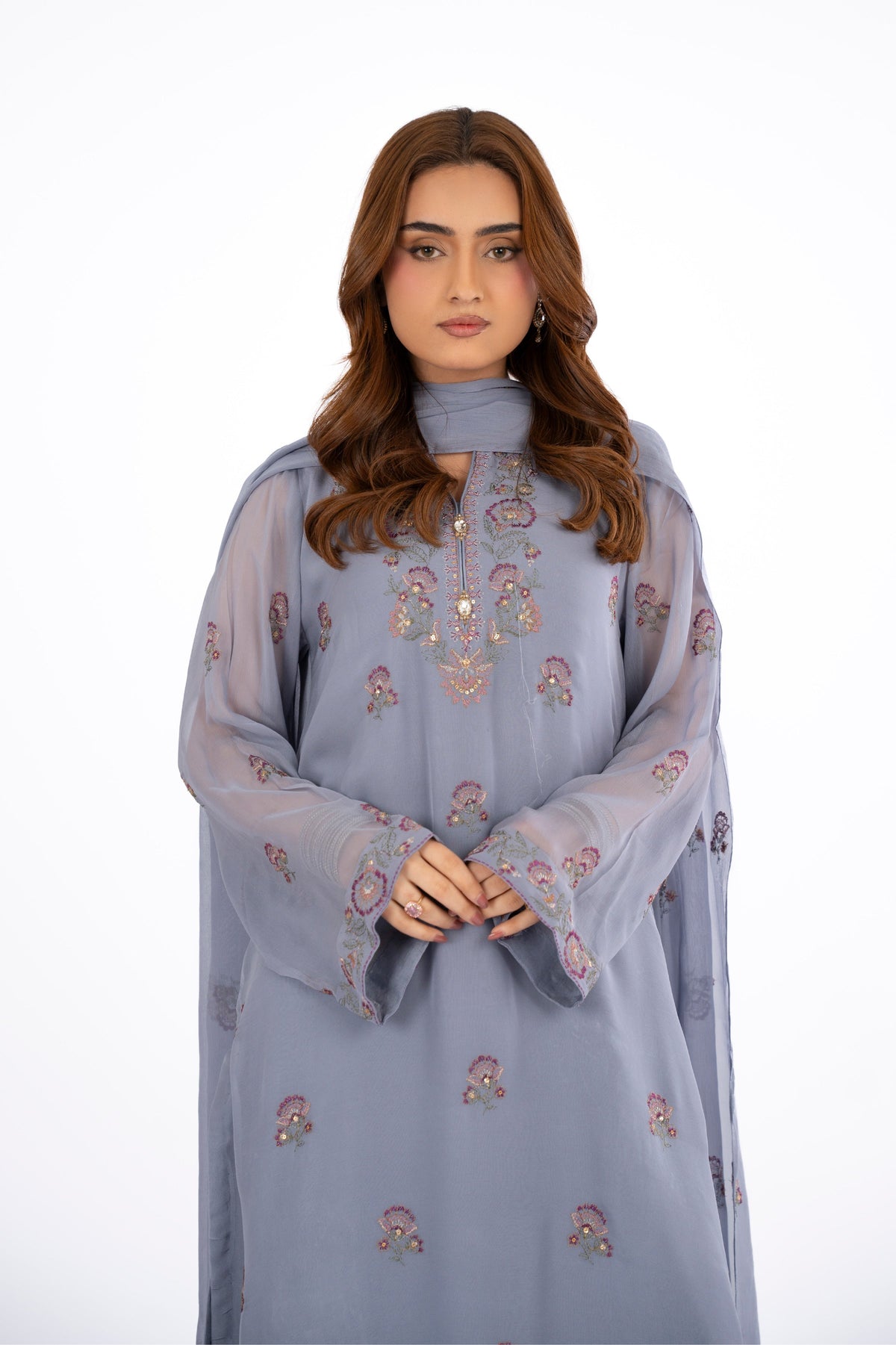 Embroidered & Embellished Grey Chiffon 3-Piece Unstitched Suit by The Fabric Store, photo 3