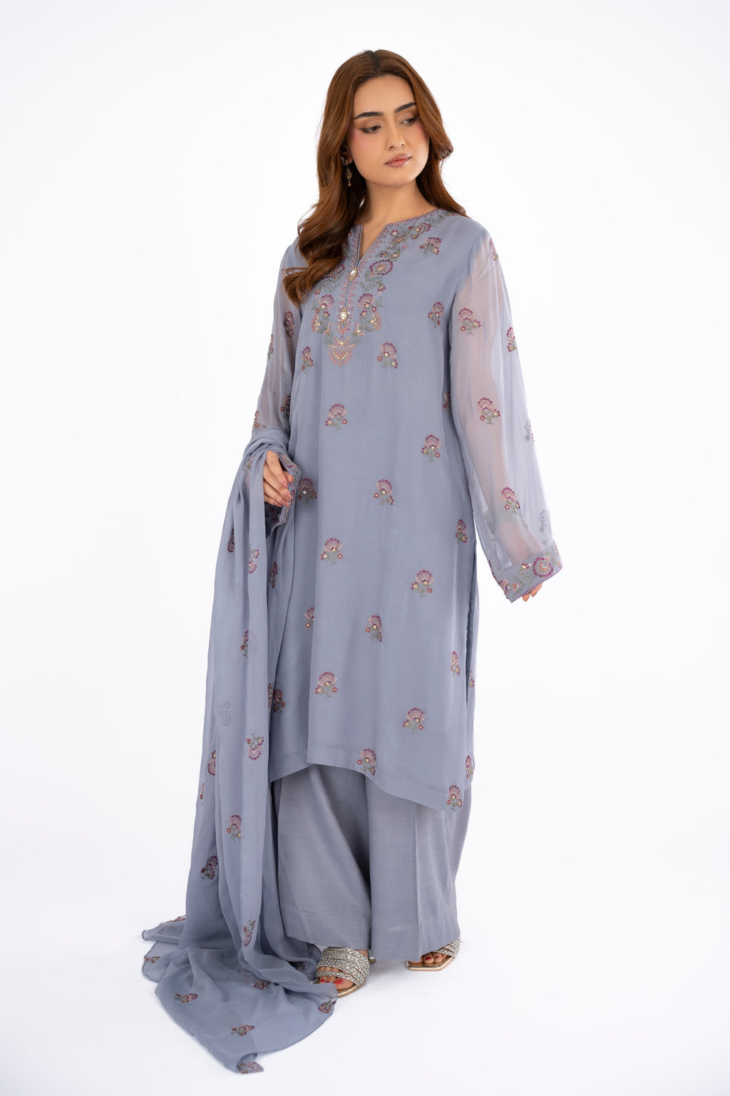 Embroidered & Embellished Grey Chiffon 3-Piece Unstitched Suit by The Fabric Store, photo 4