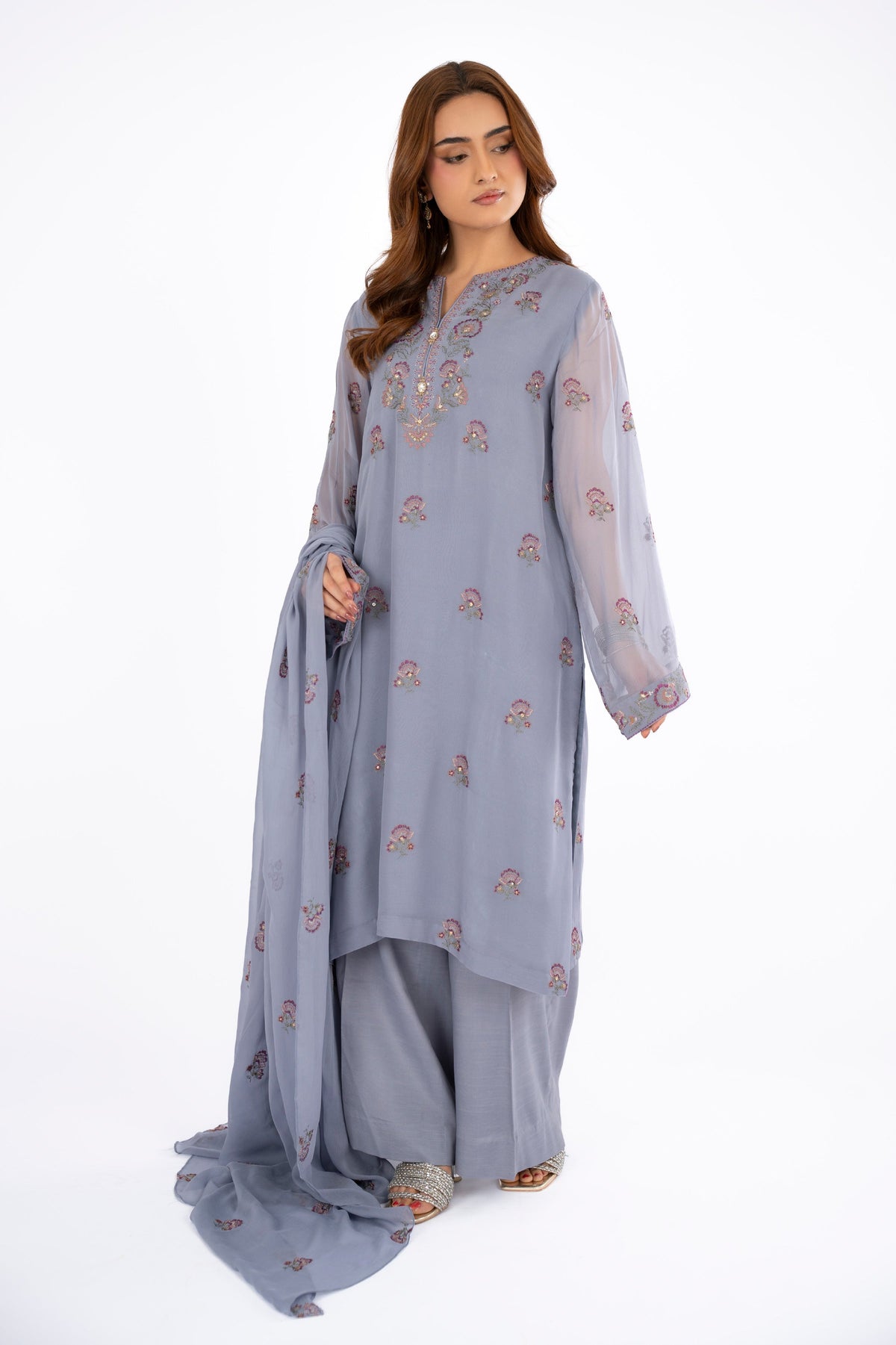 Embroidered & Embellished Grey Chiffon 3-Piece Unstitched Suit by The Fabric Store, photo 4