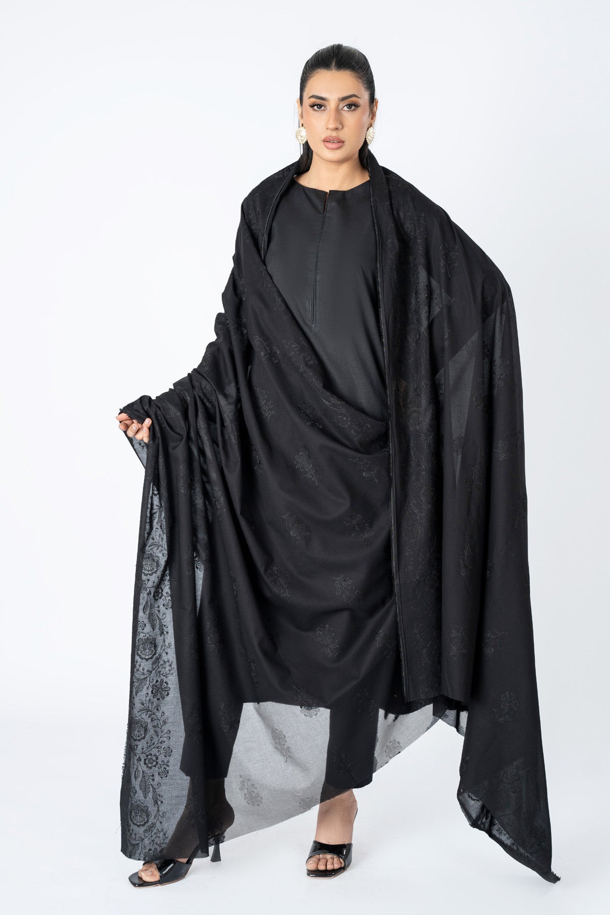 Embroidered Black Lawn Shawl by The Fabric Store