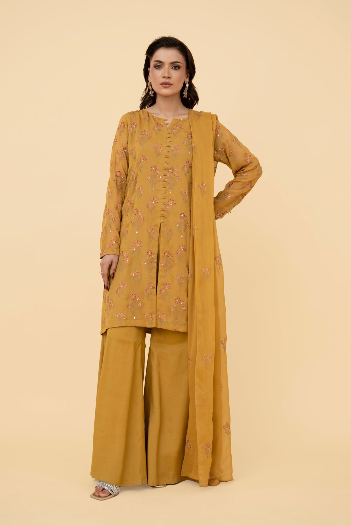 Embroidered & Embellished Yellow Chiffon 3-Piece Unstitched Suit by The Fabric Store