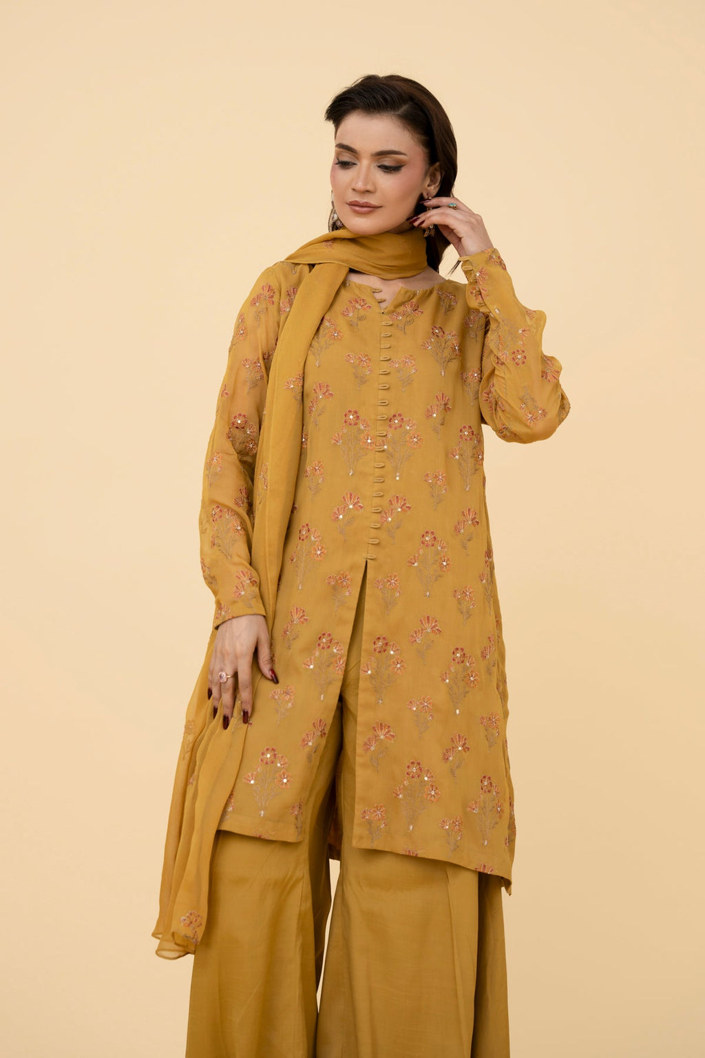 Embroidered & Embellished Yellow Chiffon 3-Piece Unstitched Suit by The Fabric Store, photo 2