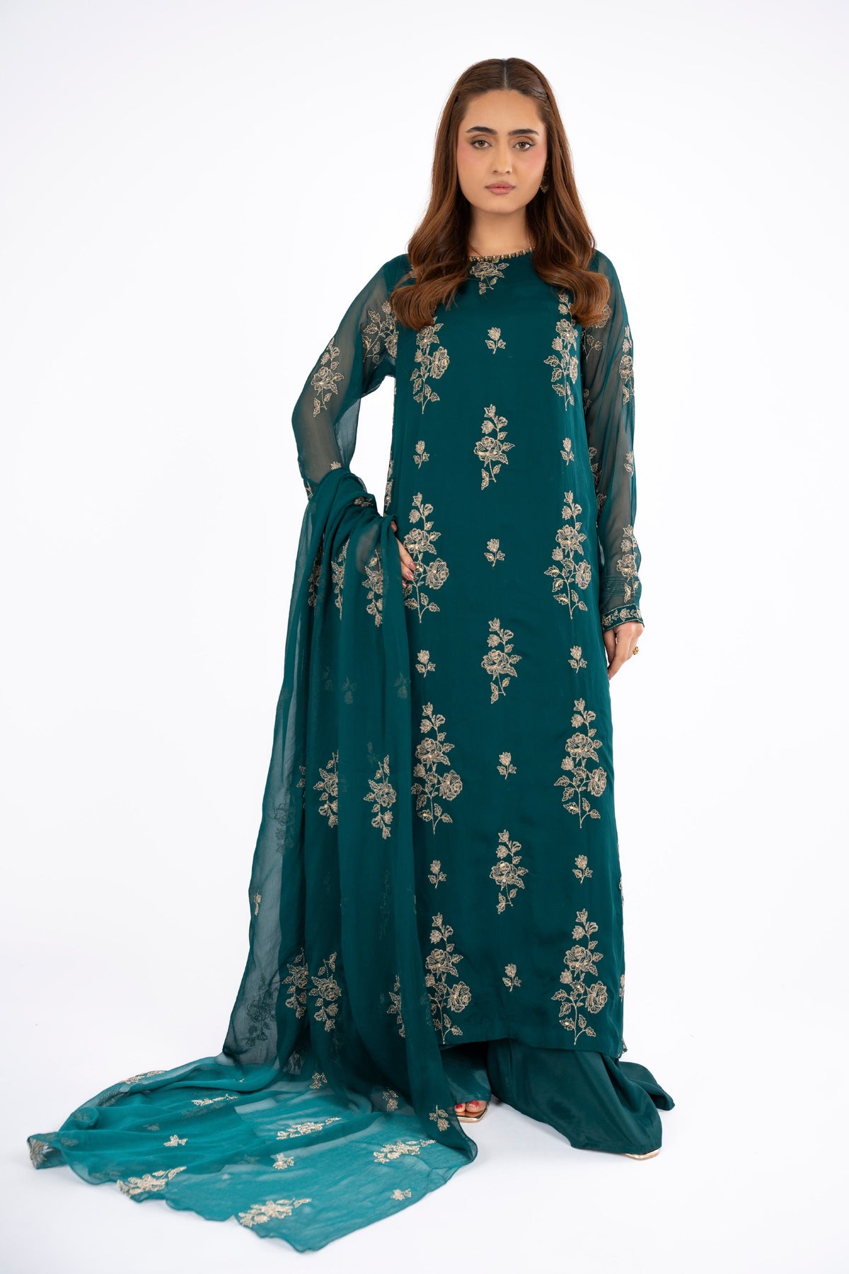 Embroidered & Embellished Green Chiffon 3-Piece Unstitched Suit by The Fabric Store