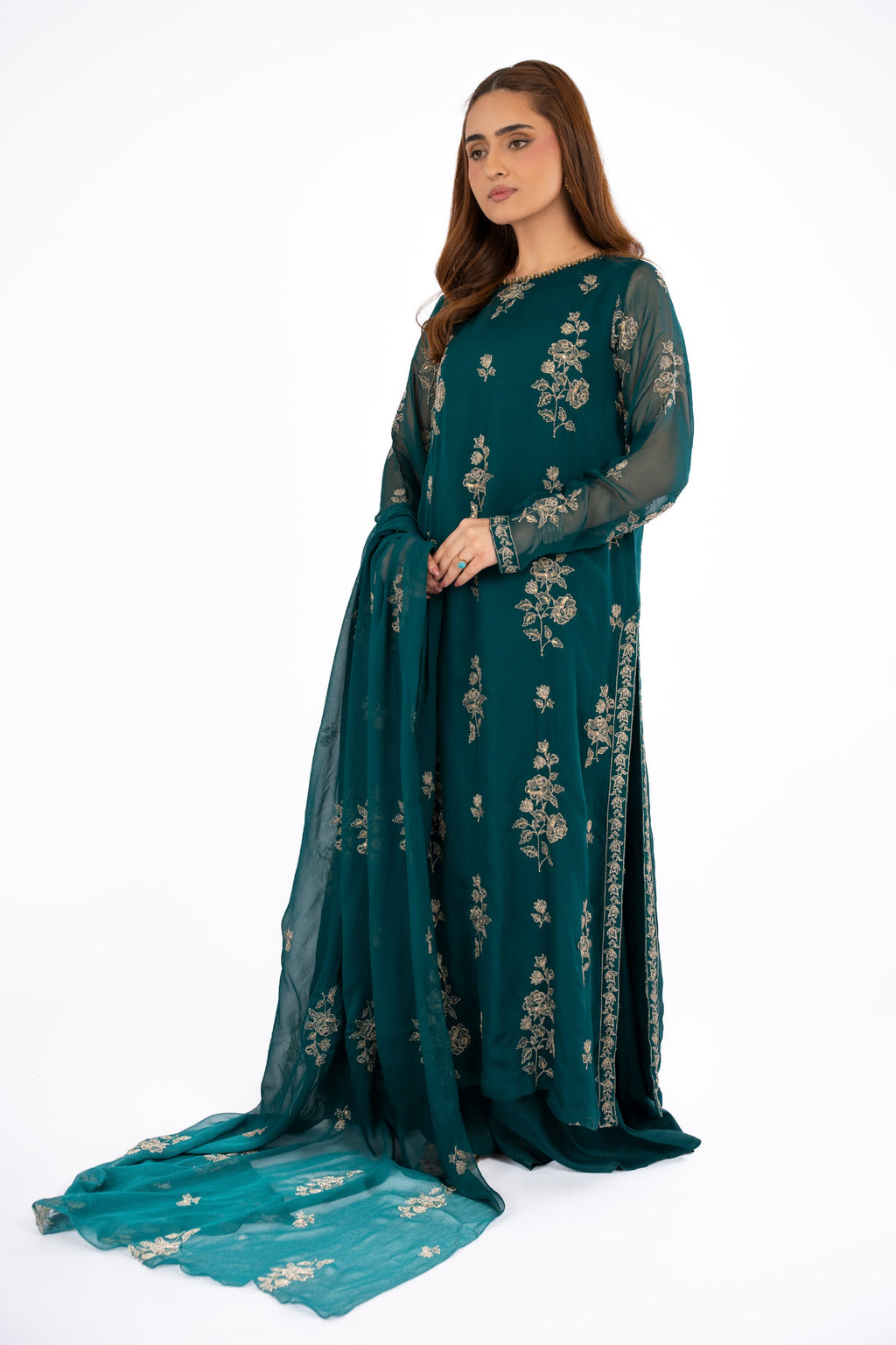 Embroidered & Embellished Green Chiffon 3-Piece Unstitched Suit by The Fabric Store, photo 2