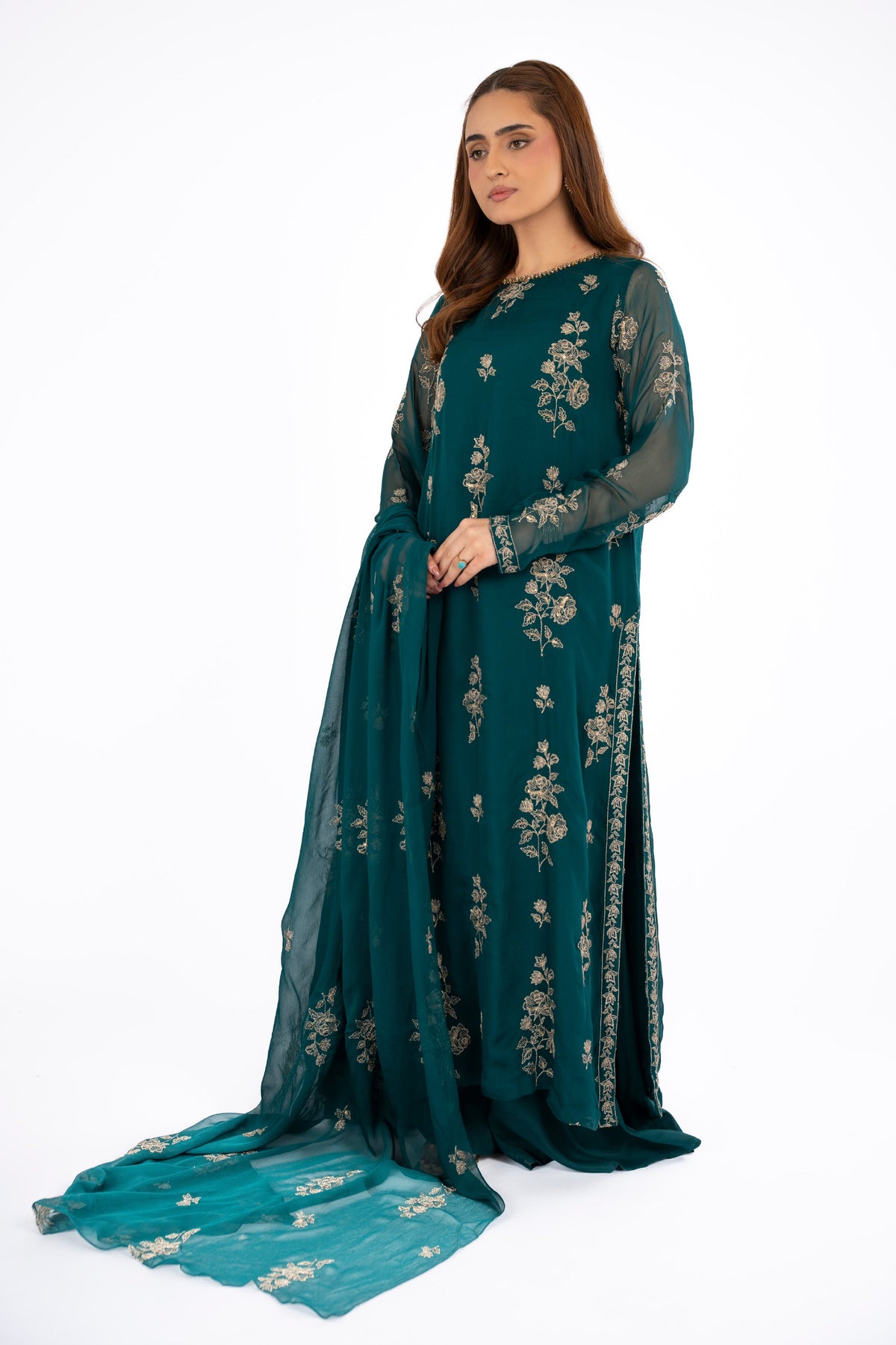 Embroidered & Embellished Green Chiffon 3-Piece Unstitched Suit by The Fabric Store, photo 2