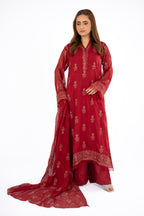 Embroidered & Embellished Red Chiffon 3-Piece Unstitched Suit by The Fabric Store