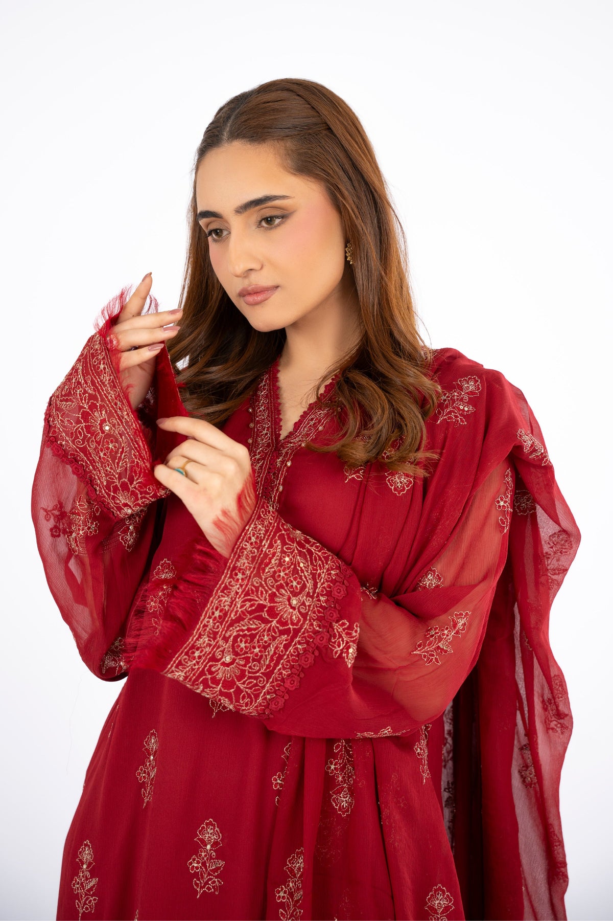 Embroidered & Embellished Red Chiffon 3-Piece Unstitched Suit by The Fabric Store, photo 3