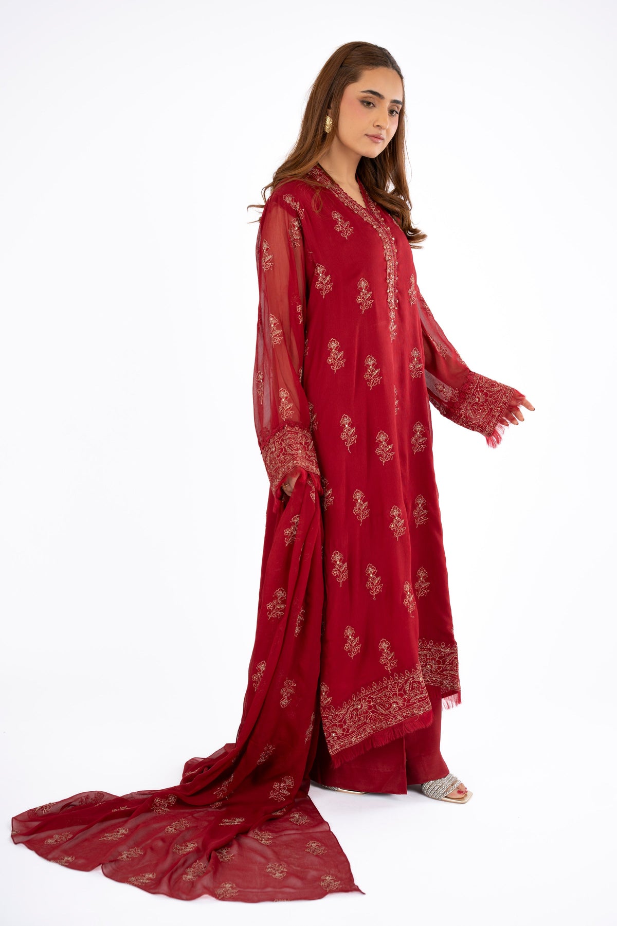 Embroidered & Embellished Red Chiffon 3-Piece Unstitched Suit by The Fabric Store, photo 4