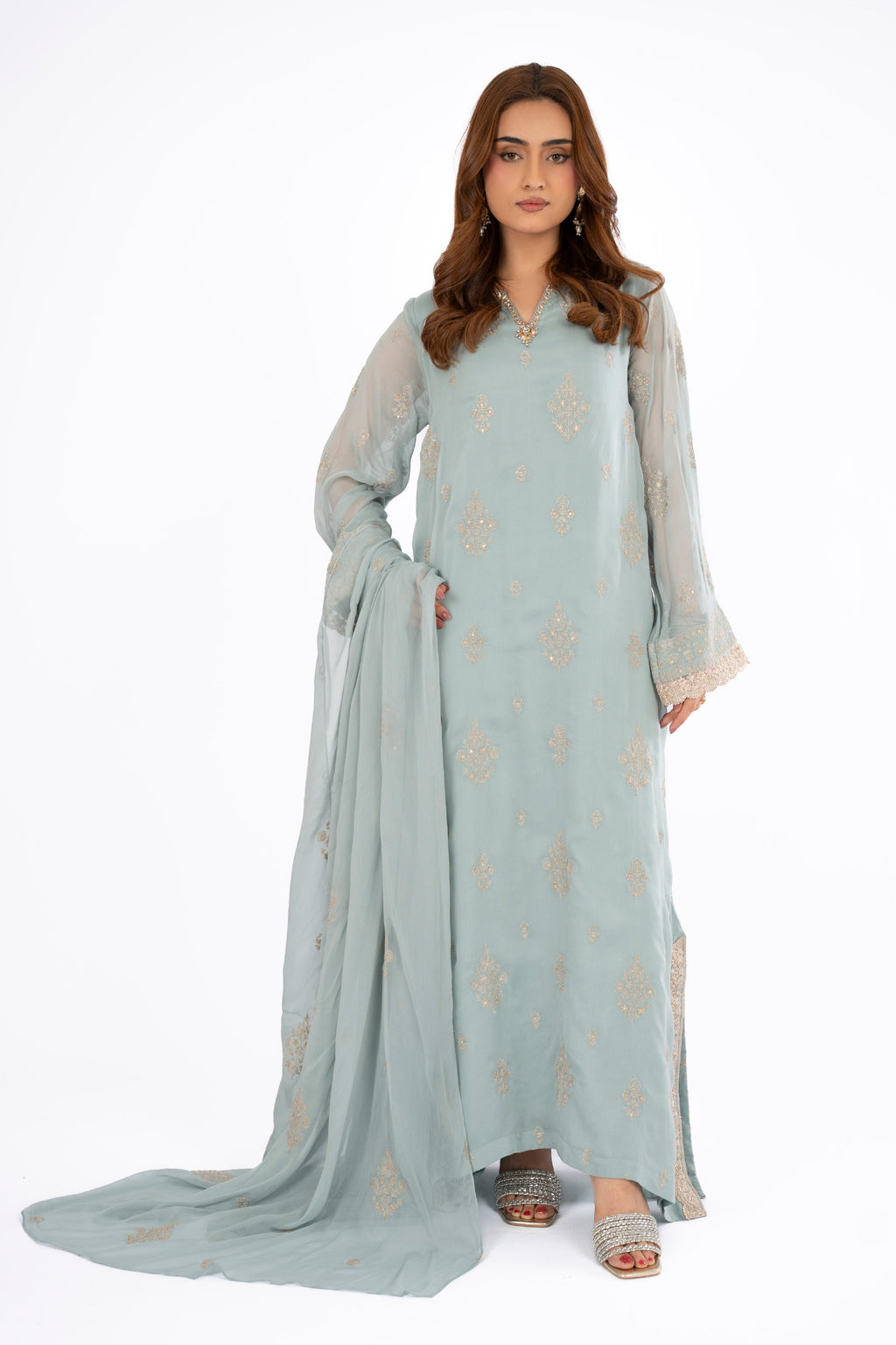 Embroidered & Embellished Grey Chiffon 3-Piece Unstitched Suit by The Fabric Store