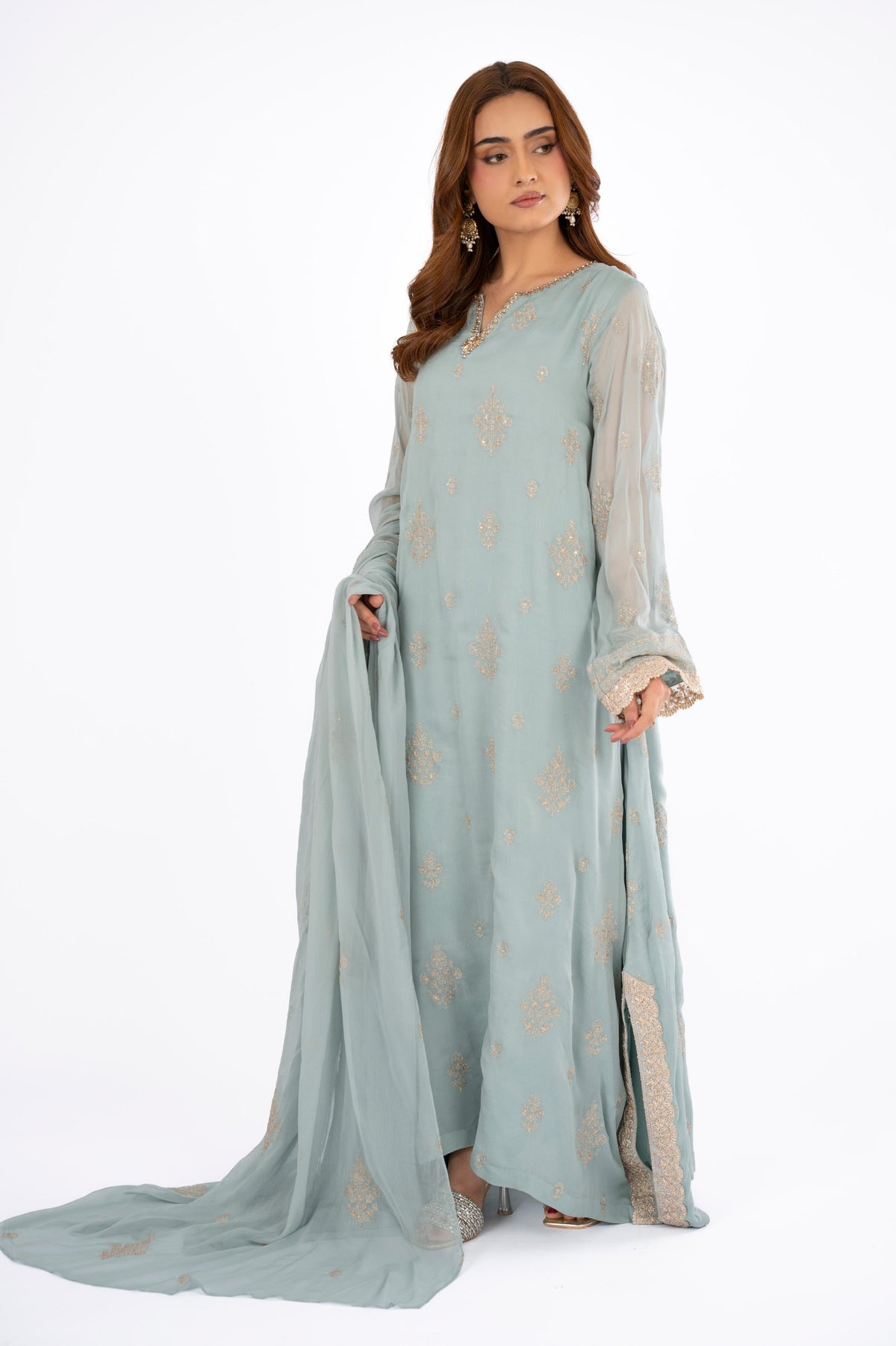 Embroidered & Embellished Grey Chiffon 3-Piece Unstitched Suit by The Fabric Store, photo 4