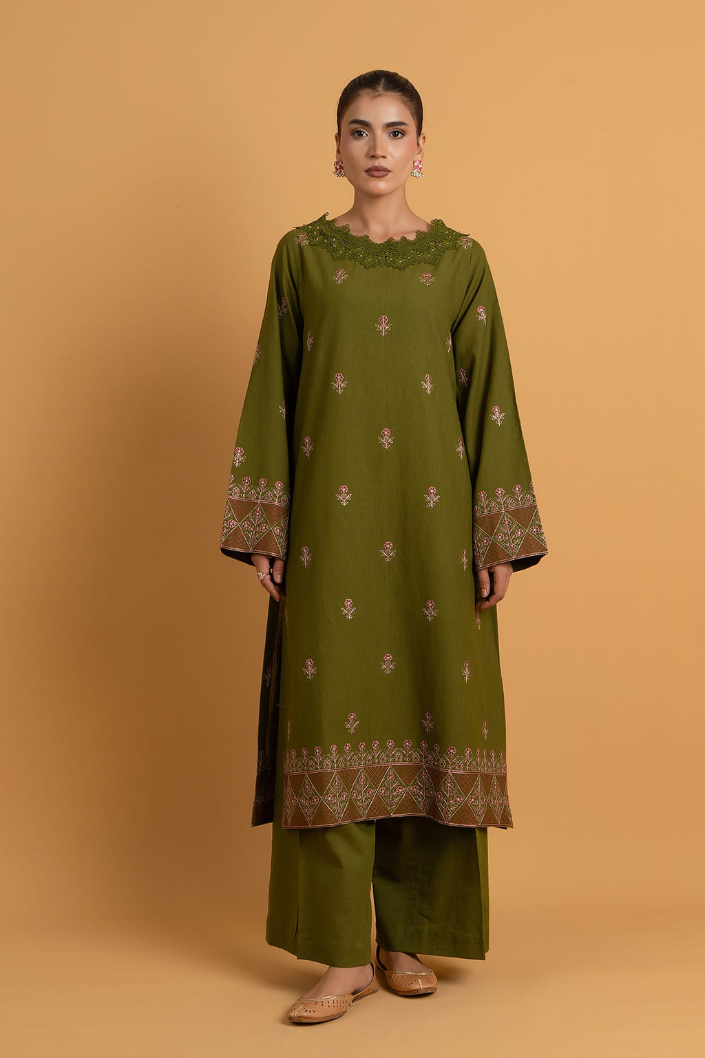 Embroidered Olive Green Slub Khaddar 2-Piece Unstitched Suit by The Fabric Store