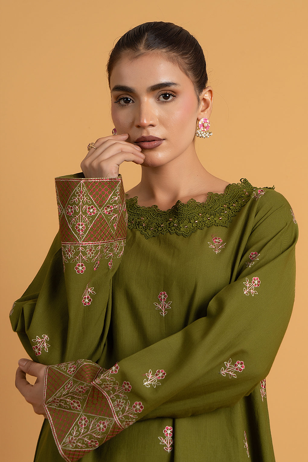 Embroidered Olive Green Slub Khaddar 2-Piece Unstitched Suit by The Fabric Store, photo 3