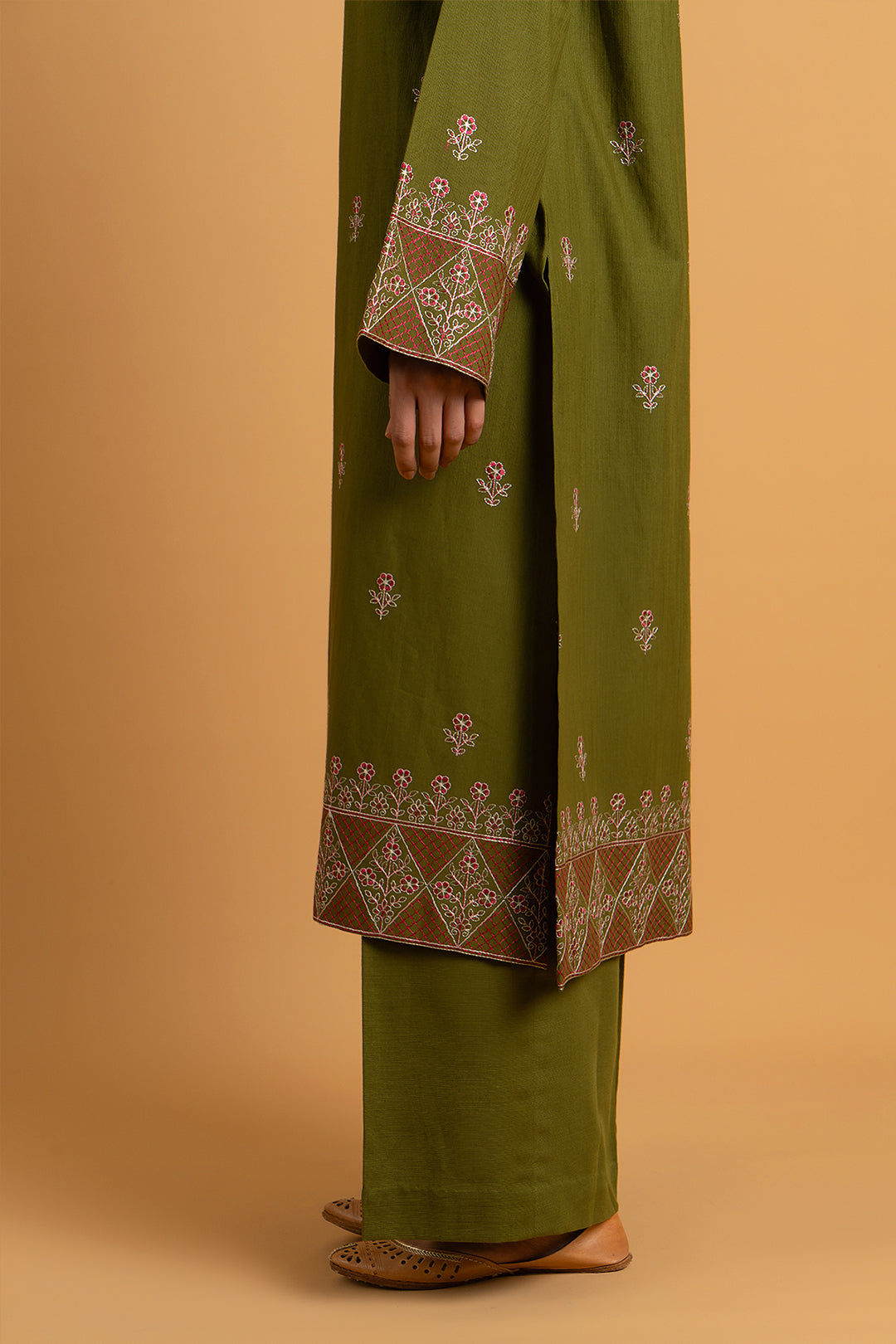 Embroidered Olive Green Slub Khaddar 2-Piece Unstitched Suit by The Fabric Store, photo 4