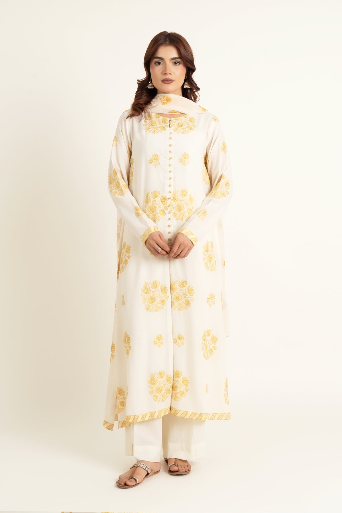 Embroidered O White Karandi Lawn 3-Piece Unstitched Suit by The Fabric Store
