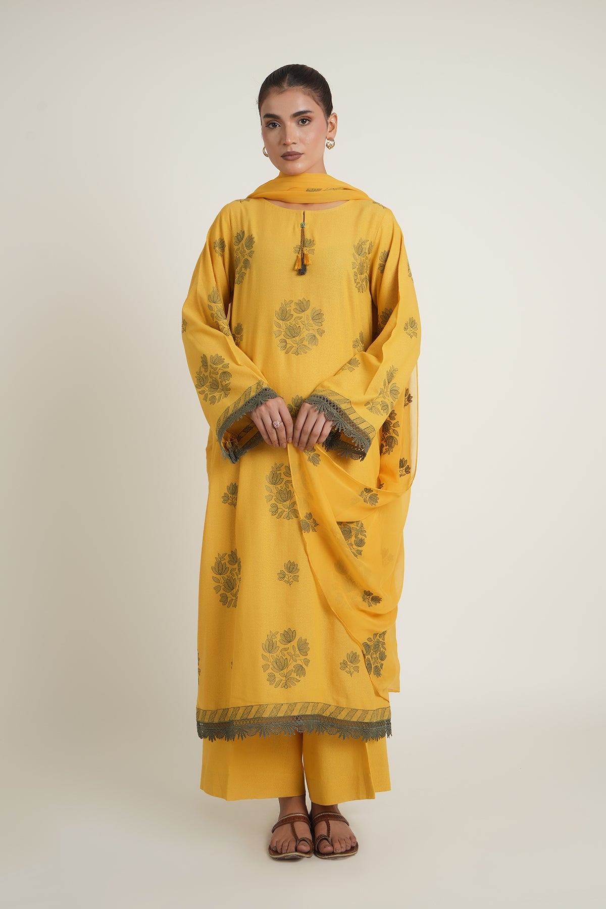 Embroidered Yellow Karandi Lawn 3-Piece Unstitched Suit by The Fabric Store